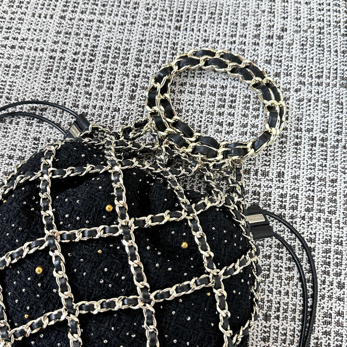 CC 21PF Chain Link Net Bag Drawstring Black Tweed Lambskin & Chain