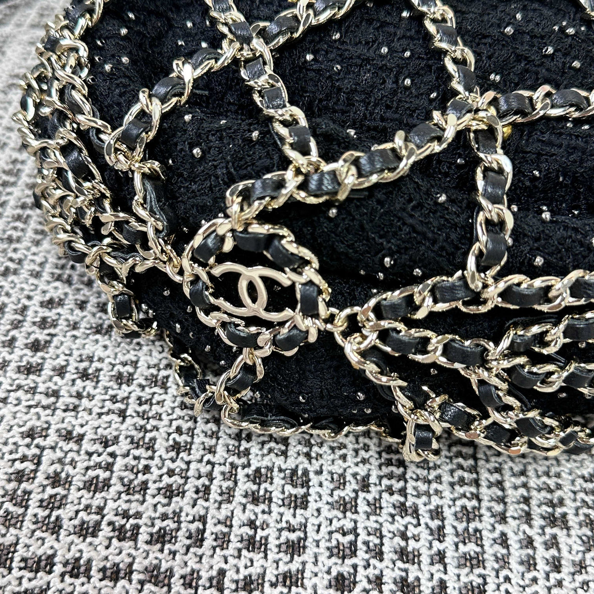 CC 21PF Chain Link Net Bag Drawstring Black Tweed Lambskin & Chain
