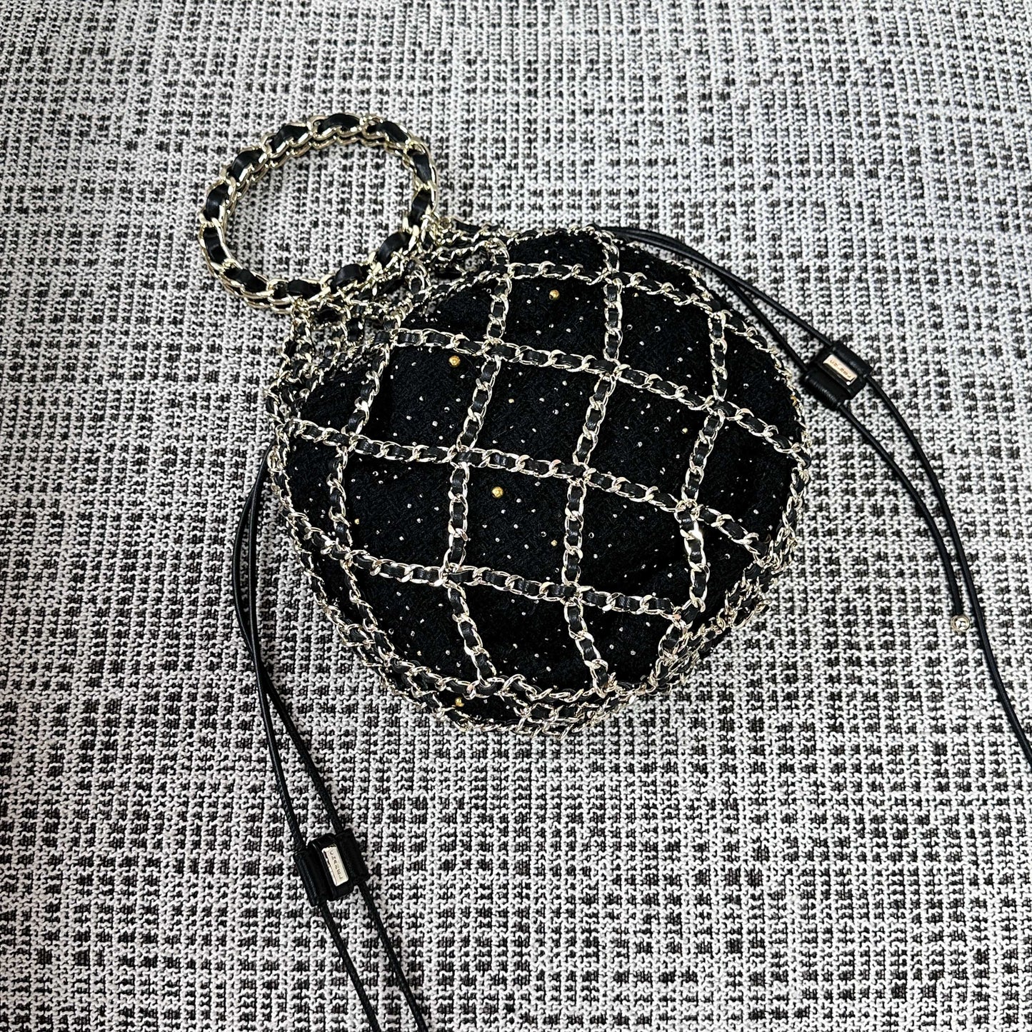 CC 21PF Chain Link Net Bag Drawstring Black Tweed Lambskin & Chain