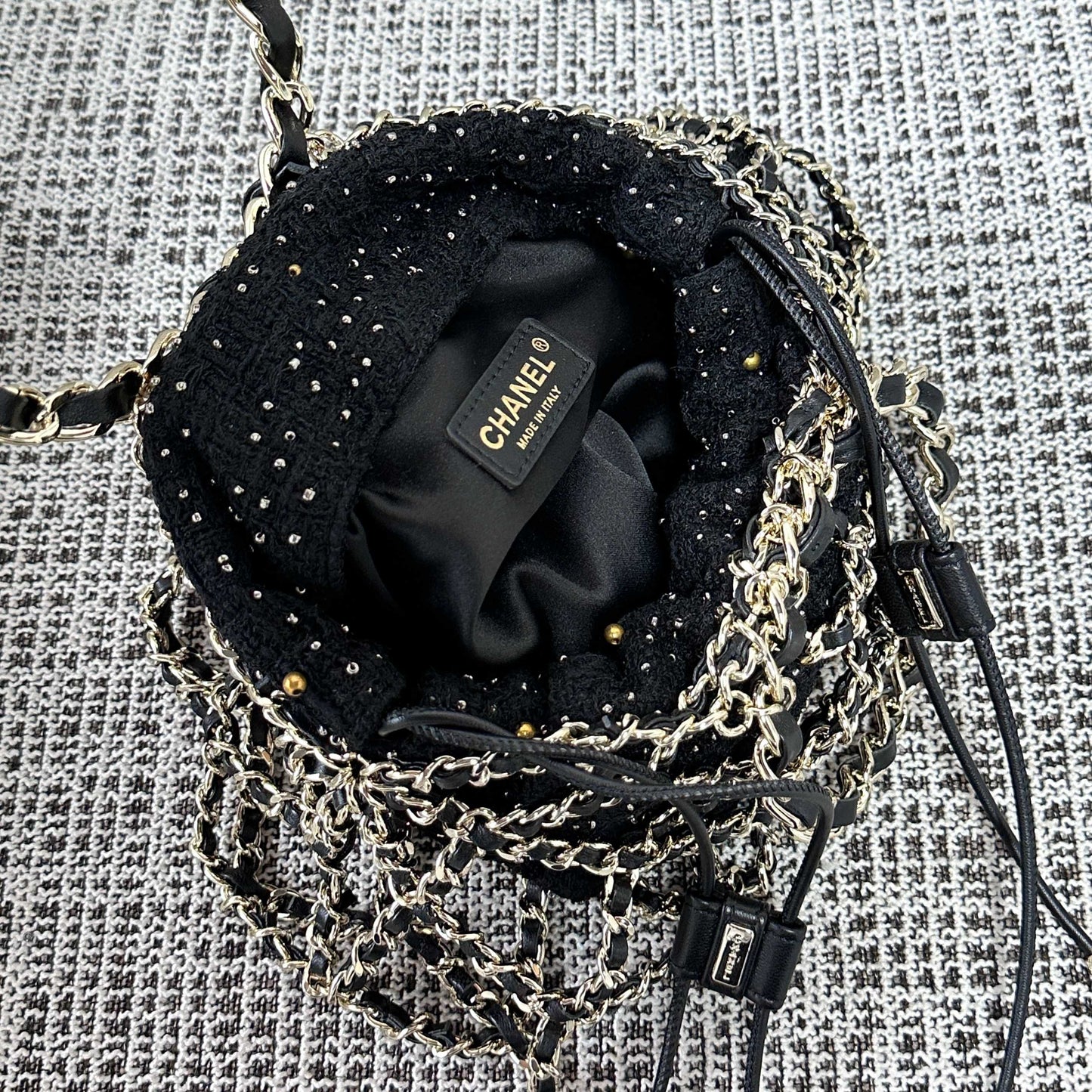 CC 21PF Chain Link Net Bag Drawstring Black Tweed Lambskin & Chain