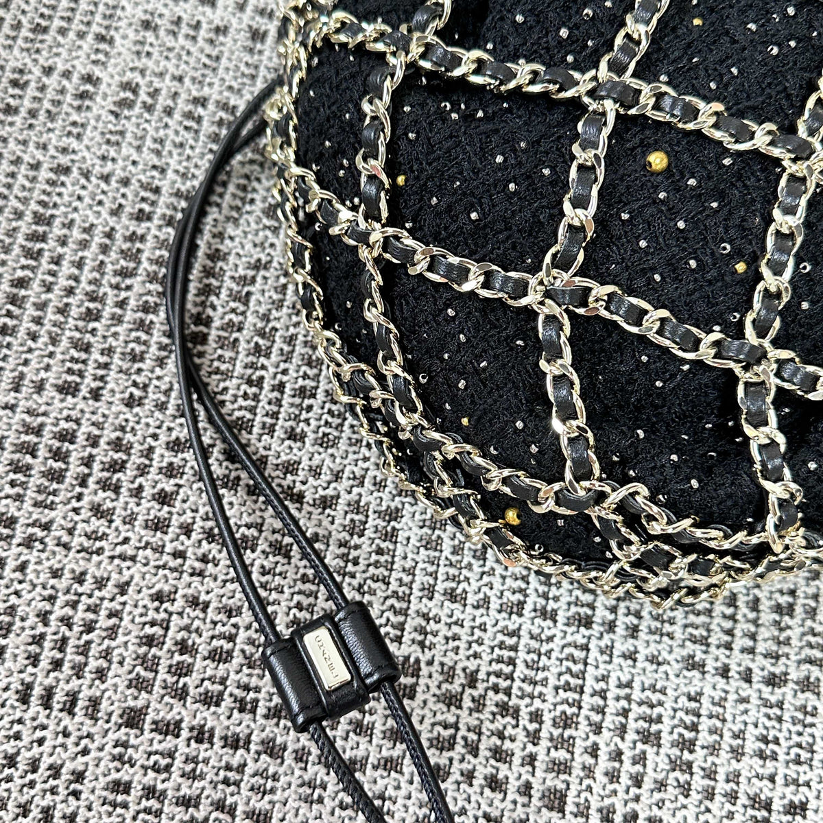 CC 21PF Chain Link Net Bag Drawstring Black Tweed Lambskin & Chain