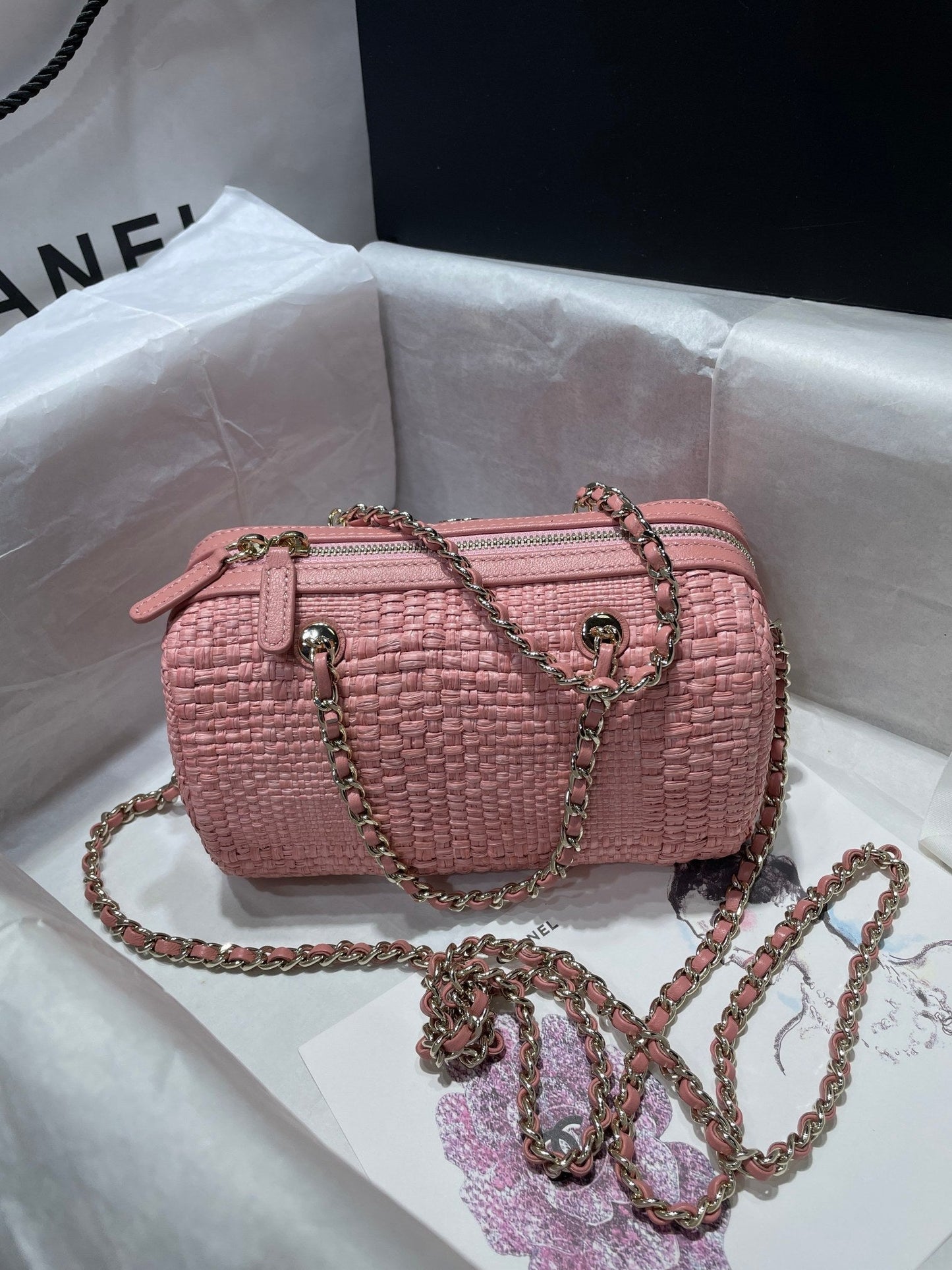 CC Bowling Bag Chain Strap 18.5cm Pink Braided Raffia & Lambskin 292139
