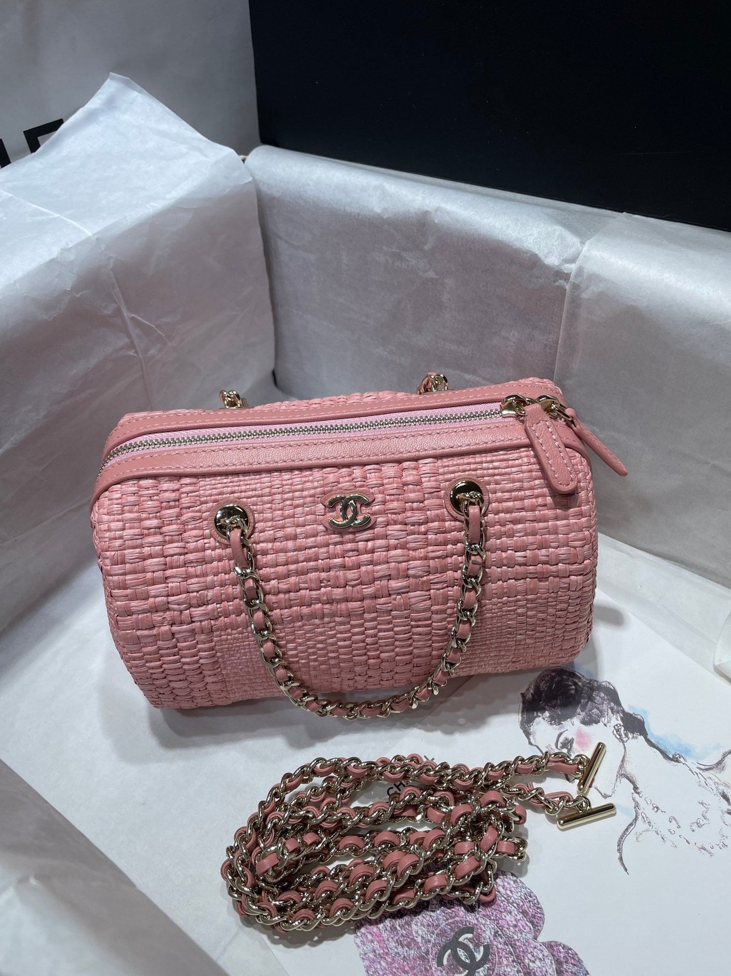 CC Bowling Bag Chain Strap 18.5cm Pink Braided Raffia & Lambskin 292139
