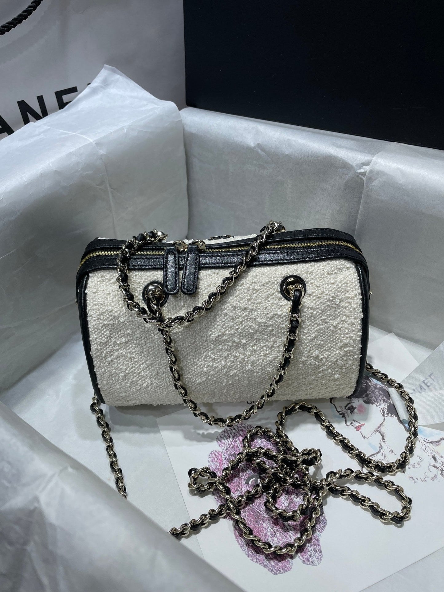 CC Bowling Bag Chain Strap 18.5cm Black White Lambskin & Canvas 292137