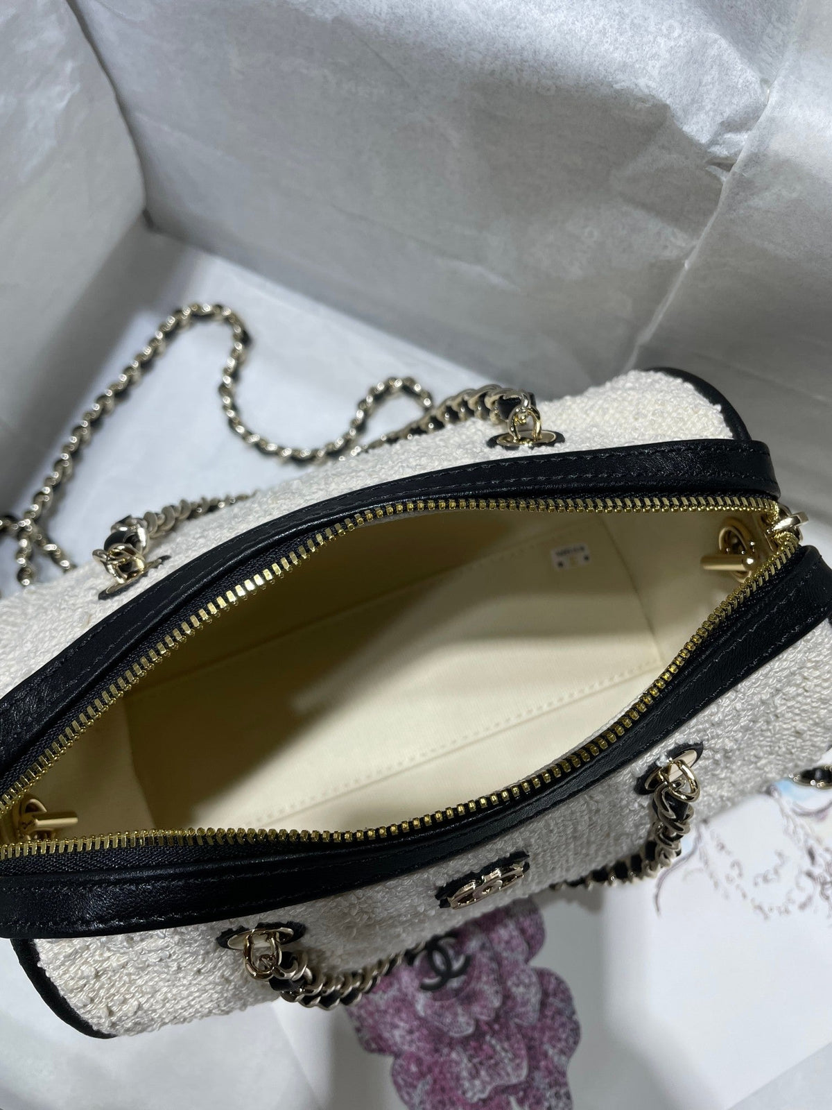 CC Bowling Bag Chain Strap 18.5cm Black White Lambskin & Canvas 292137