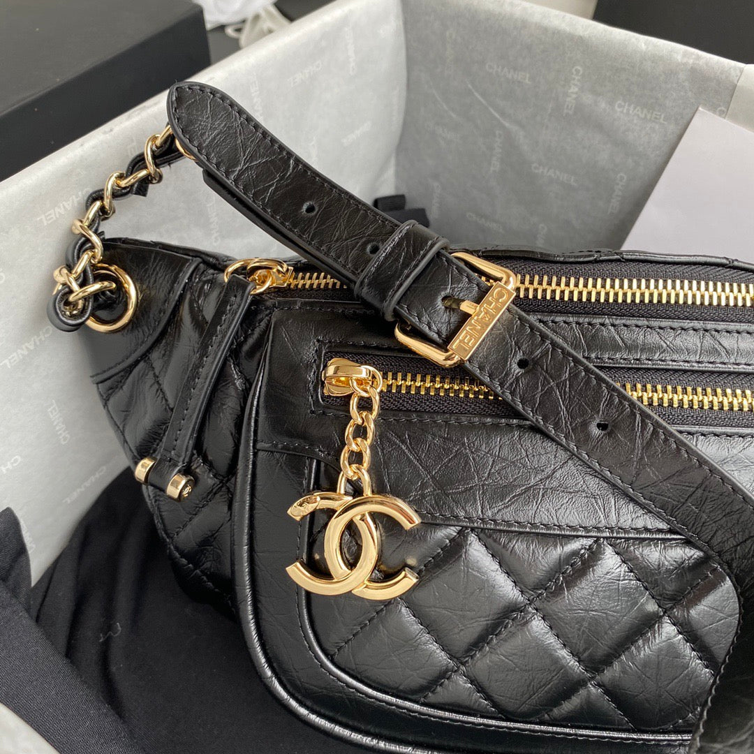 CC Front Zip Waist Bag Charm 34cm Black Lambskin