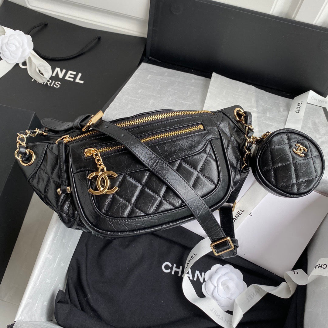 CC Front Zip Waist Bag Charm 34cm Black Lambskin