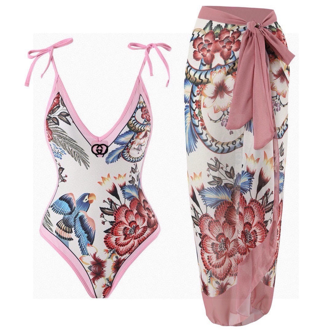 GG Floral & Bird Print Swimsuit and Sarong Set Cream Pink 330761
