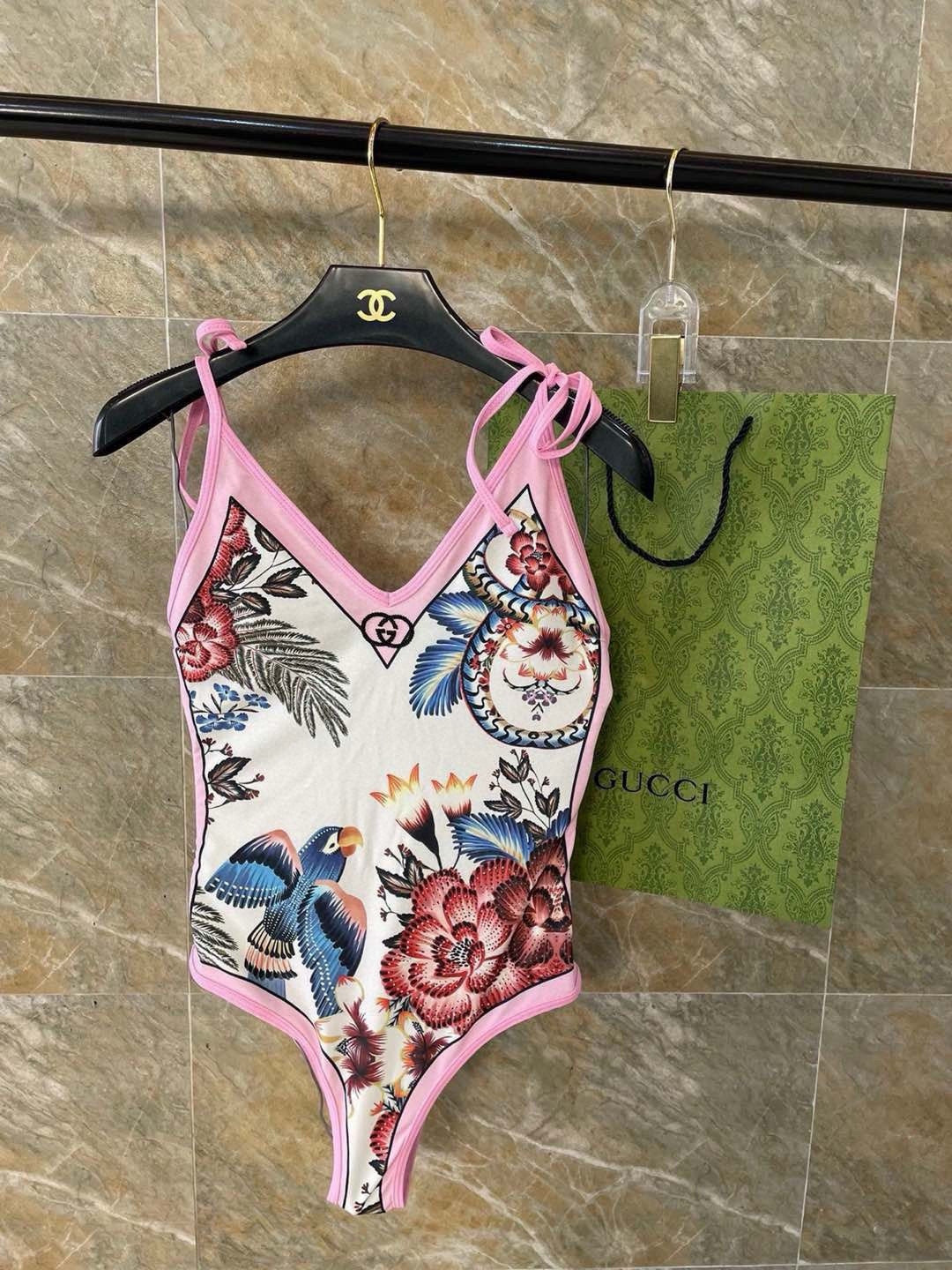 GG Floral & Bird Print Swimsuit and Sarong Set Cream Pink 330761