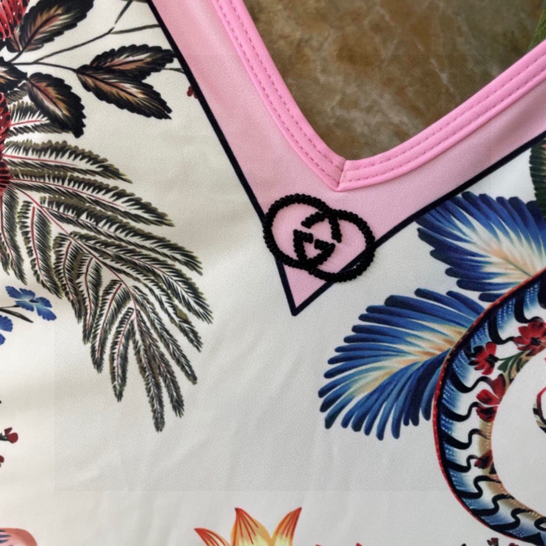 GG Floral & Bird Print Swimsuit and Sarong Set Cream Pink 330761