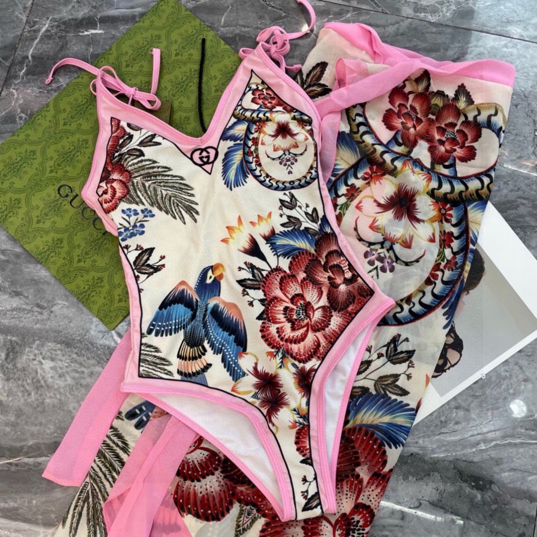 GG Floral & Bird Print Swimsuit and Sarong Set Cream Pink 330761