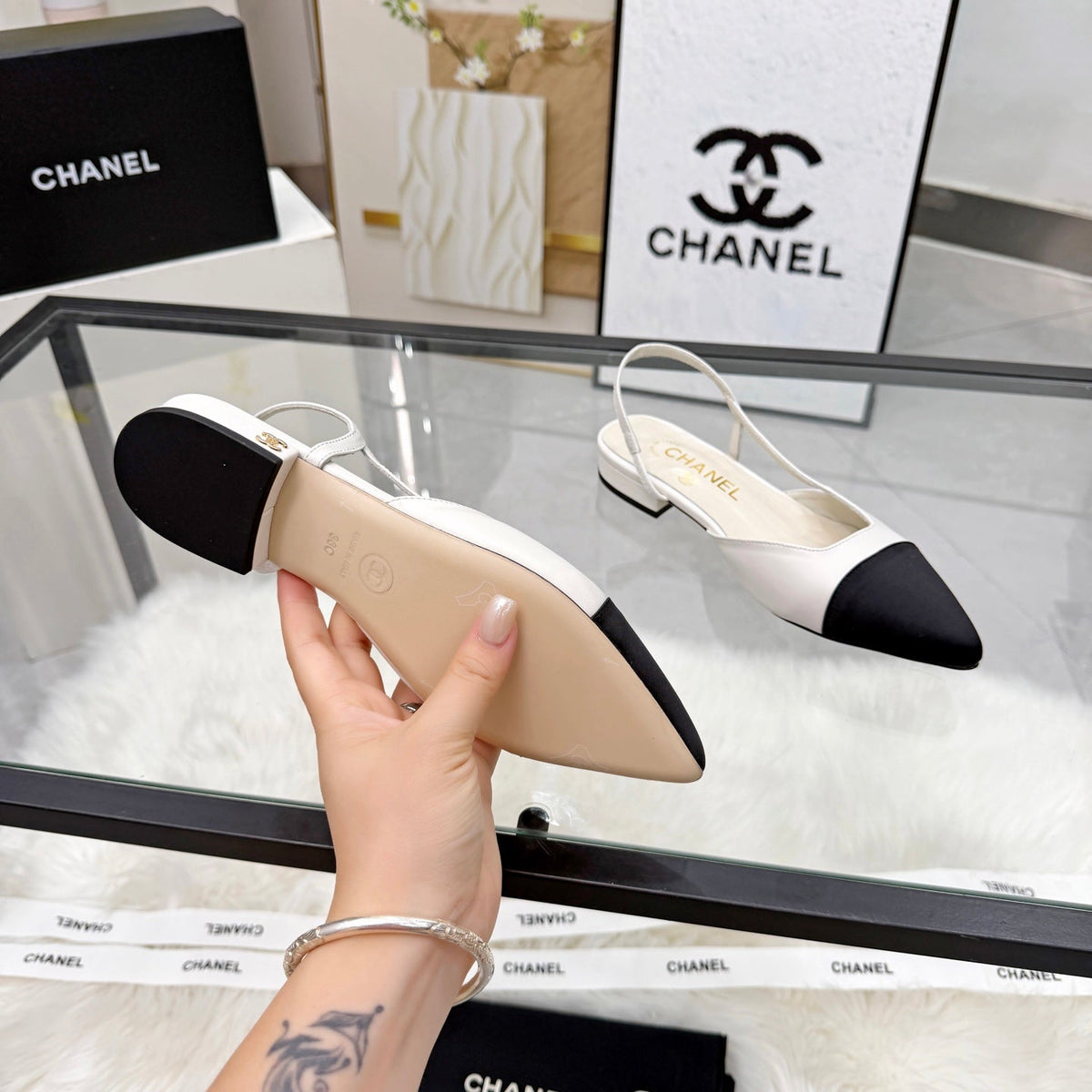 CC Slingback Flats White Cowhide Leather 873862