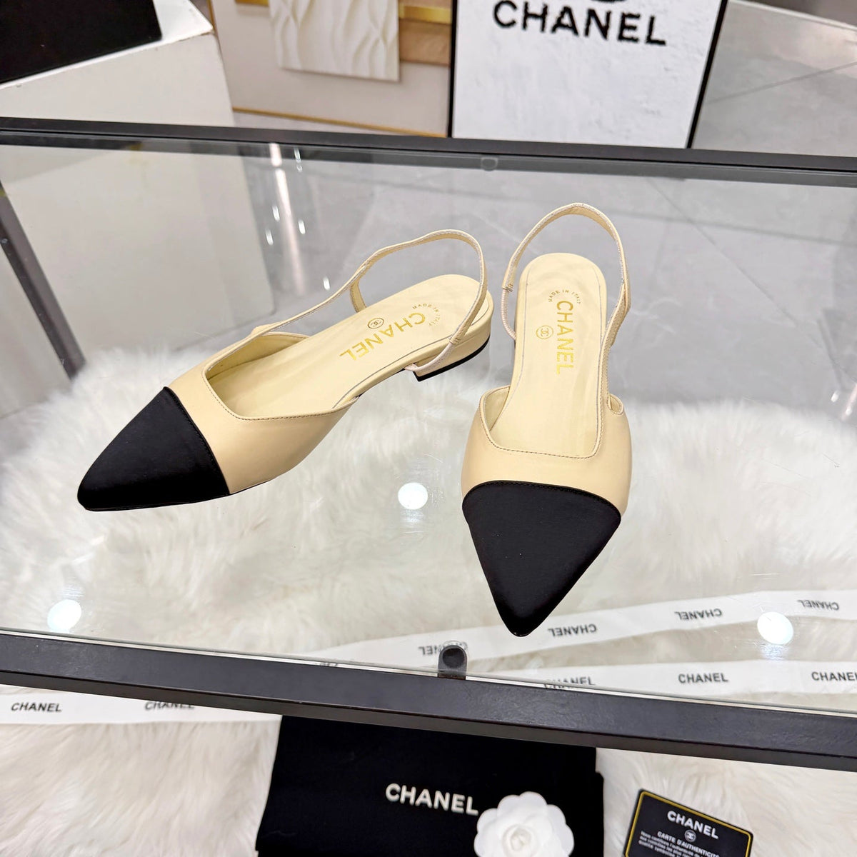 CC Slingback Flats Beige Cowhide Leather 873860