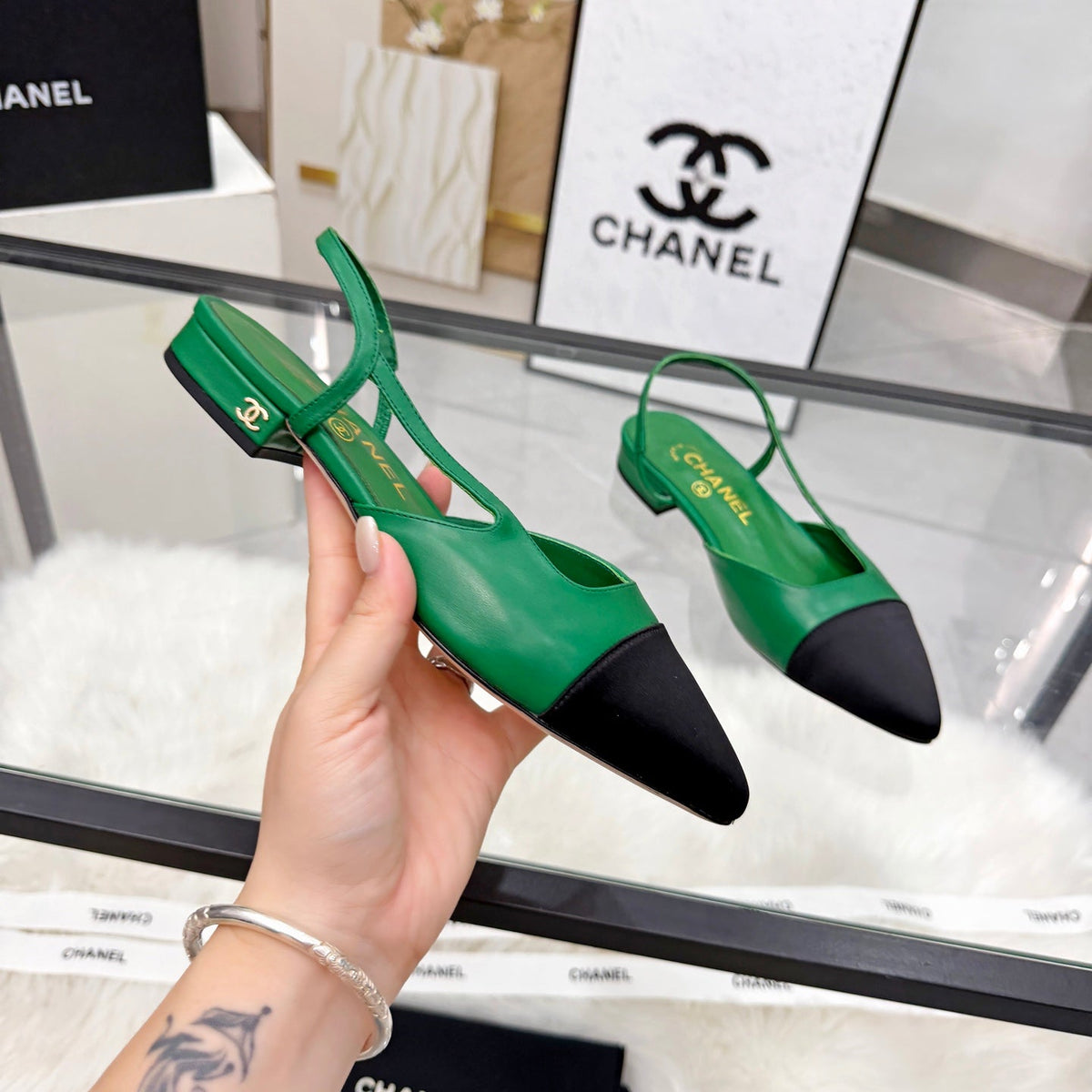 CC Slingback Flats Green Cowhide Leather 873861