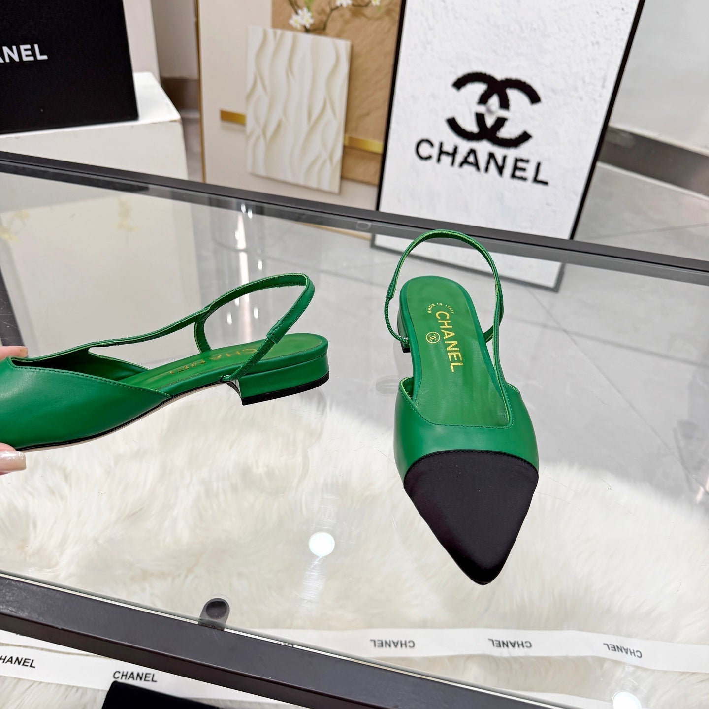 CC Slingback Flats Green Cowhide Leather 873861