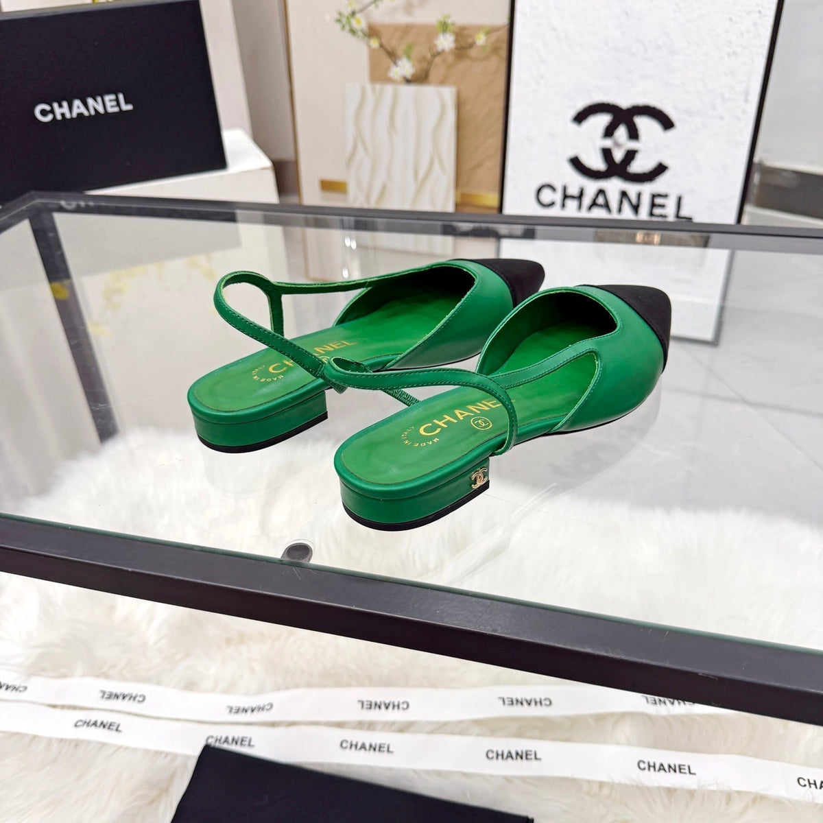 CC Slingback Flats Green Cowhide Leather 873861