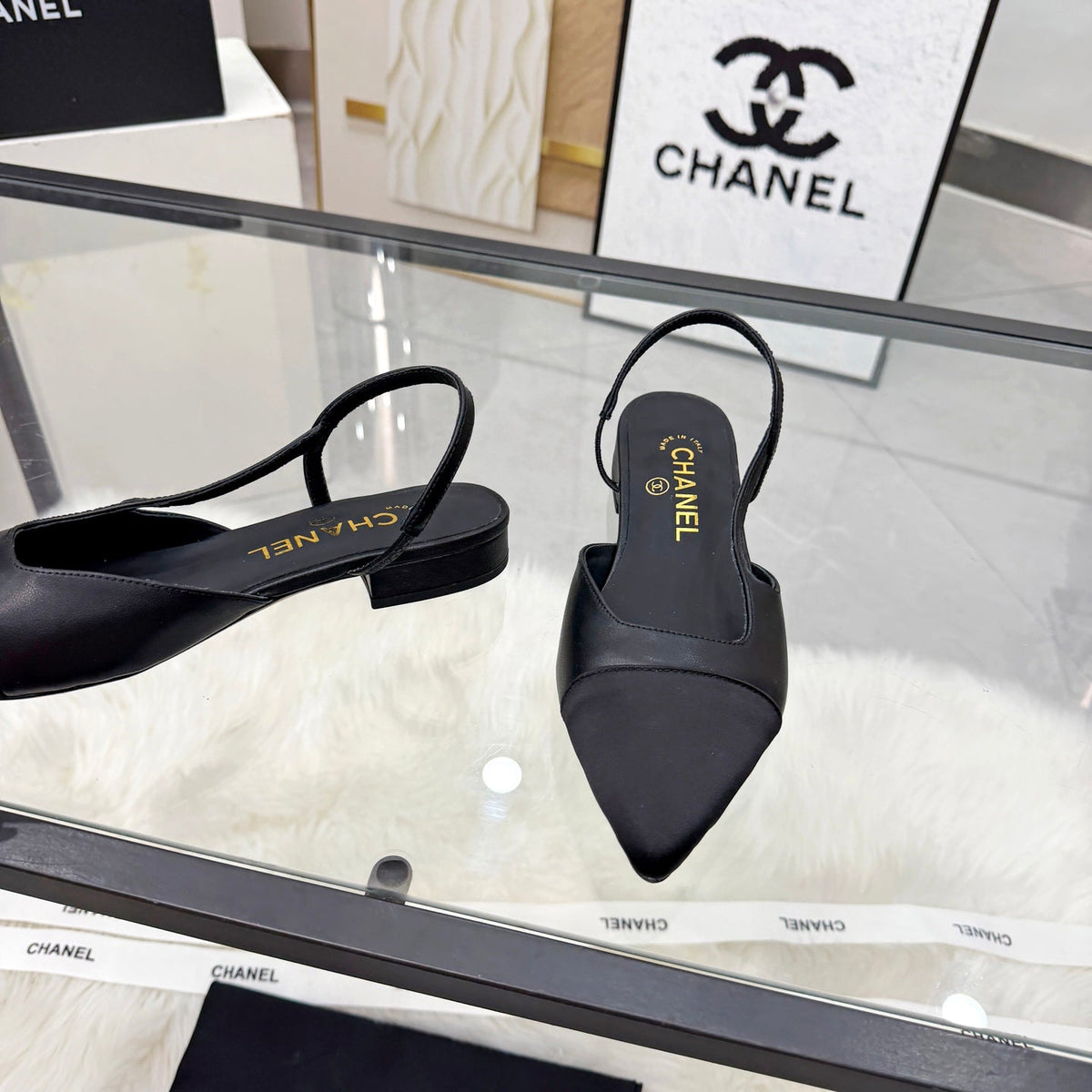 CC Slingback Flats Black Cowhide Leather 873858