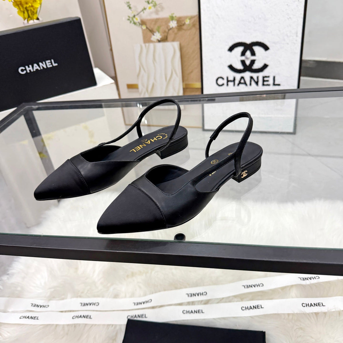 CC Slingback Flats Black Cowhide Leather 873858