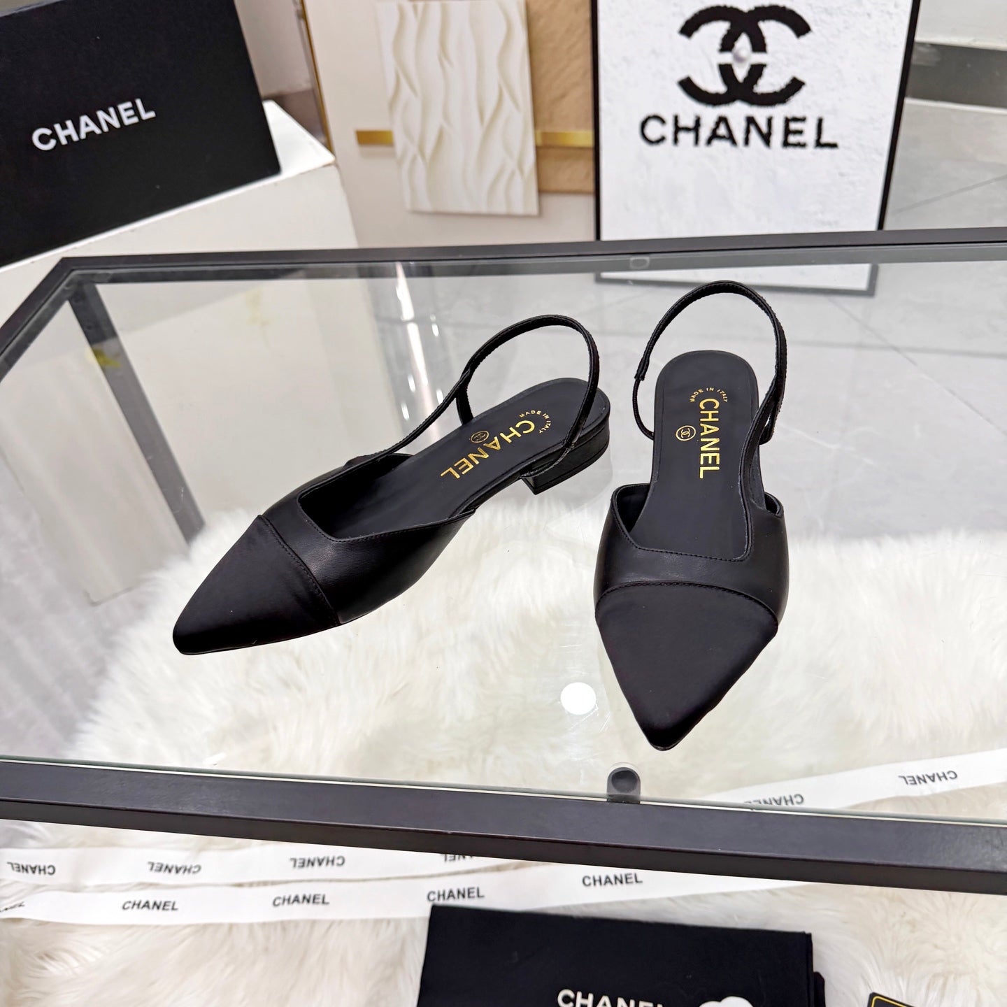 CC Slingback Flats Black Cowhide Leather 873858
