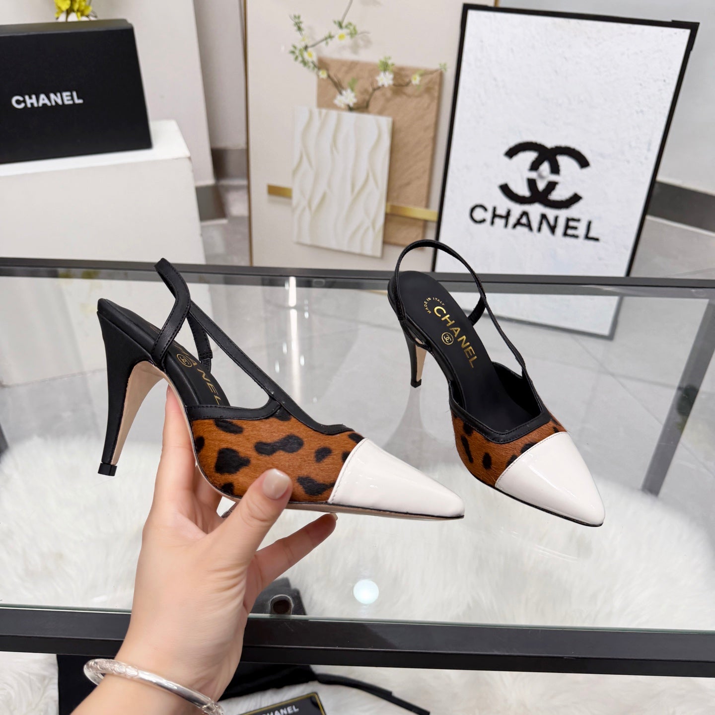 CC Leopard Print Slingback Pumps Brown Pony Hair Leather 872842
