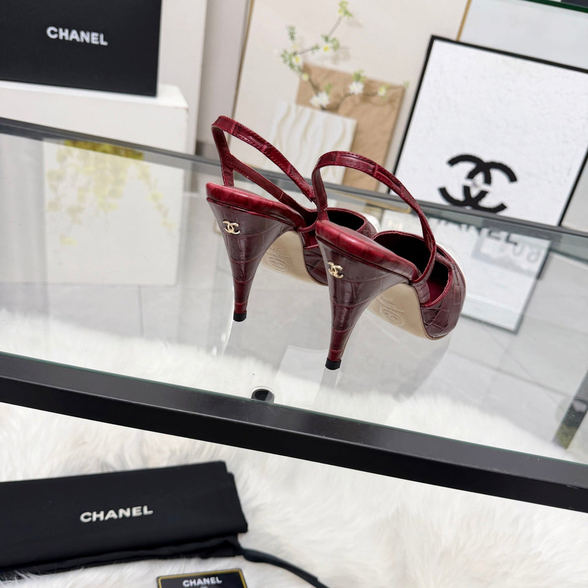 CC Crocodile-Embossed Slingback Pumps Burgundy Cowhide Leather 873843