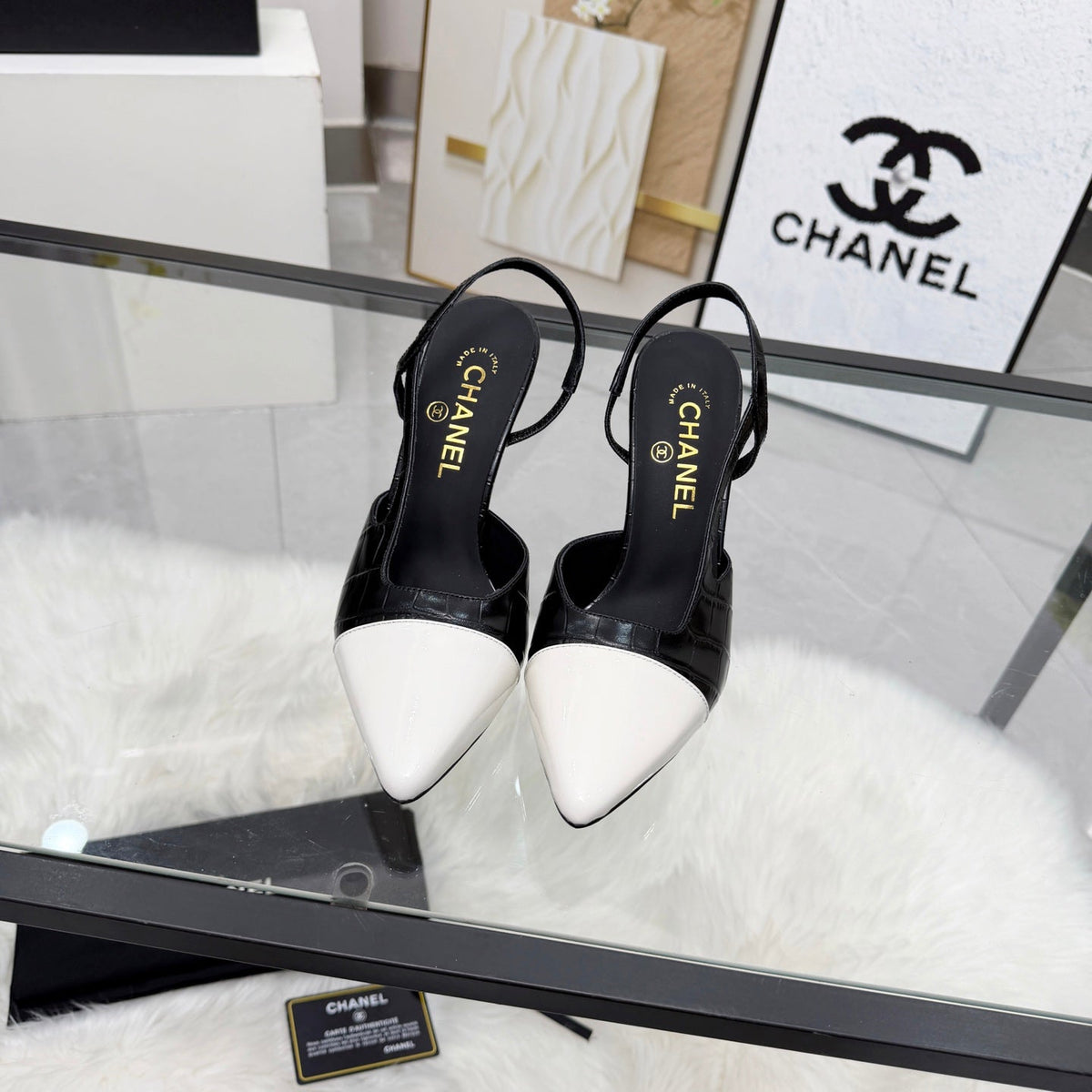 CC Crocodile-Embossed Slingback Pumps Black Cowhide Leather 873844
