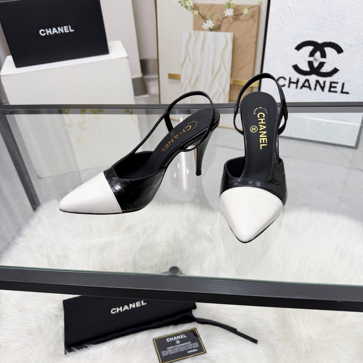 CC Crocodile-Embossed Slingback Pumps Black Cowhide Leather 873844