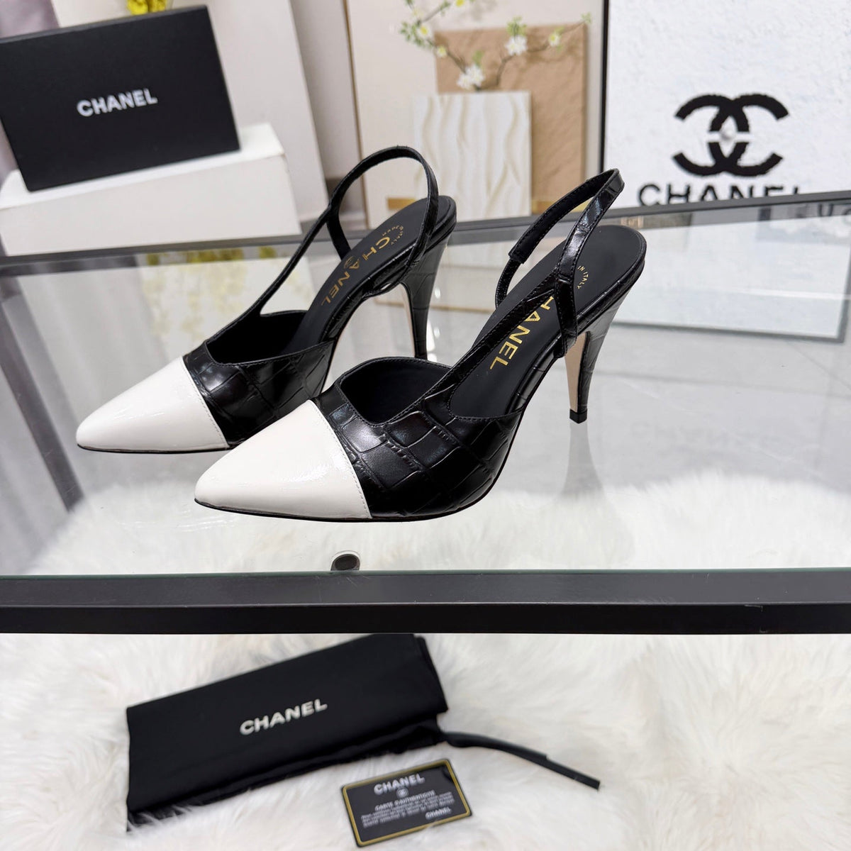 CC Crocodile-Embossed Slingback Pumps Black Cowhide Leather 873844