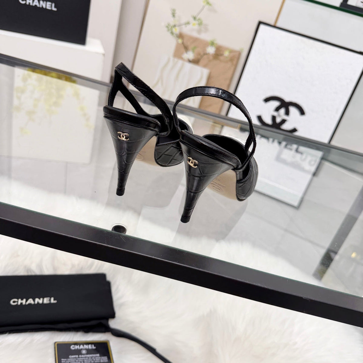 CC Crocodile-Embossed Slingback Pumps Black Cowhide Leather 873844