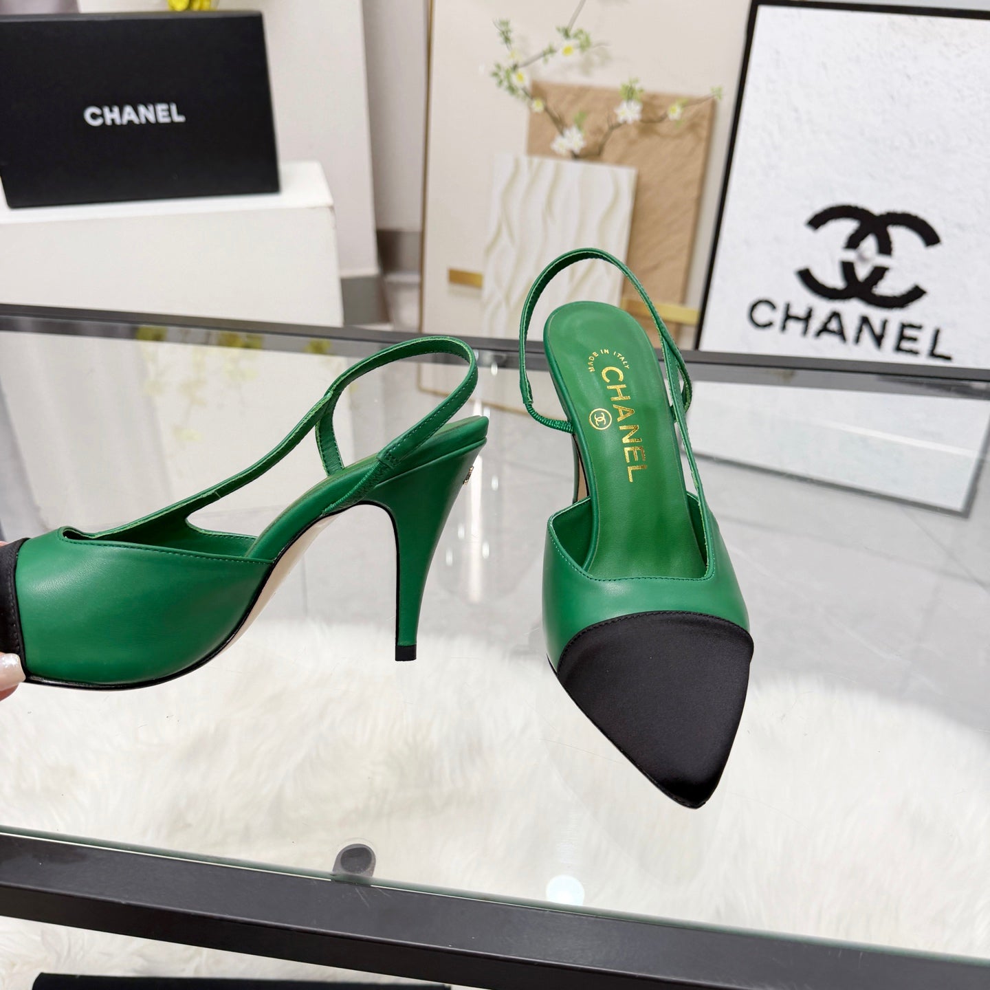 CC Slingback Pumps Green Cowhide Leather 873847