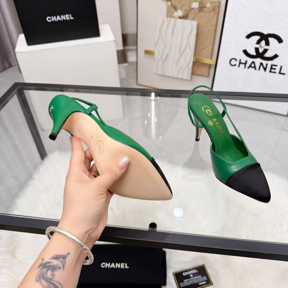 CC Slingback Pumps Green Cowhide Leather 873847