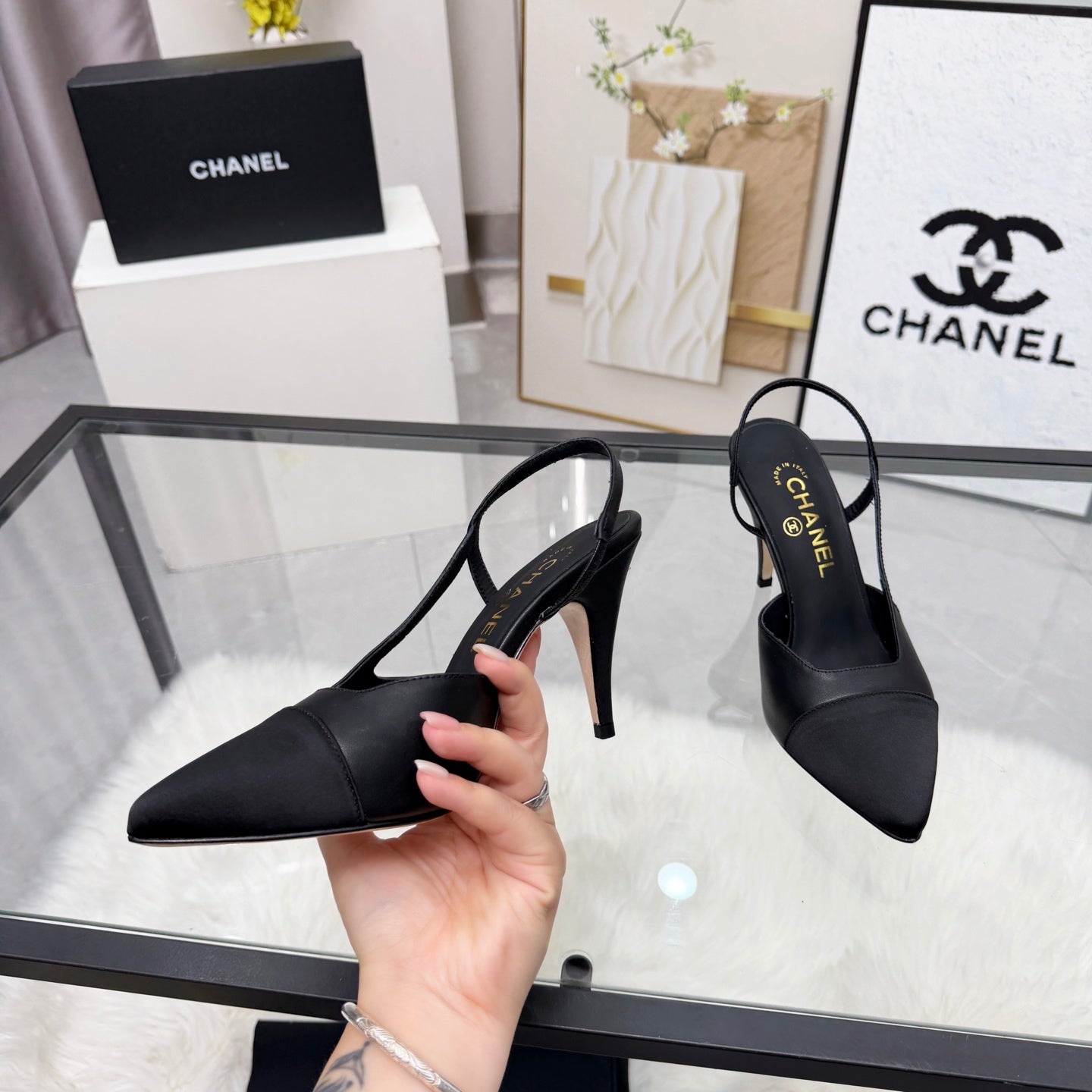 CC Slingback Pumps Black Cowhide Leather 873849