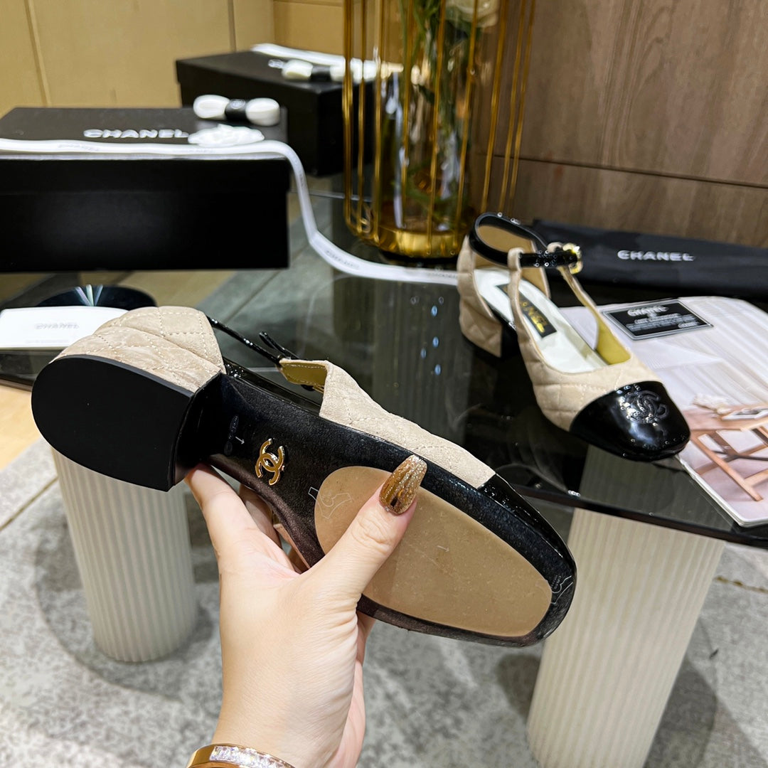CC Square Toe Mary Jane Pumps Black Beige Suede Leather 875286