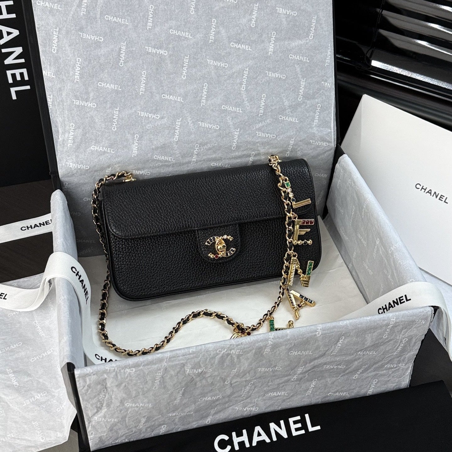 CC 26s Métiers d'Art Small Flap Bag 22 Black Grained Leather & Enamel Charms