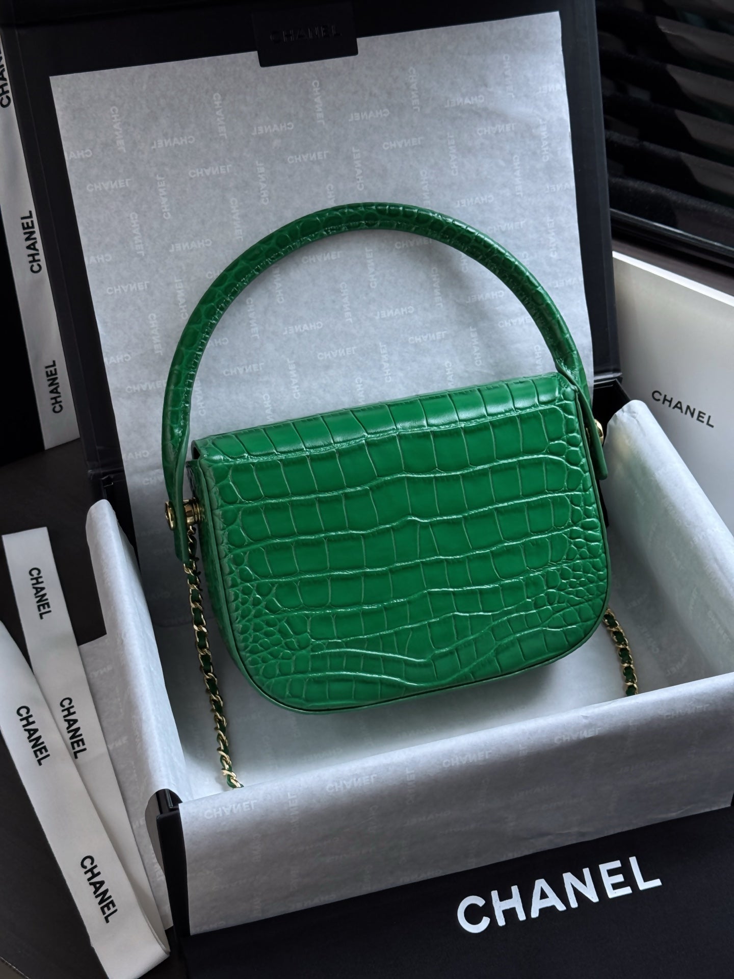 CC Mini Flap Bag with Top Handle Green Crocodile Embossed Calfskin