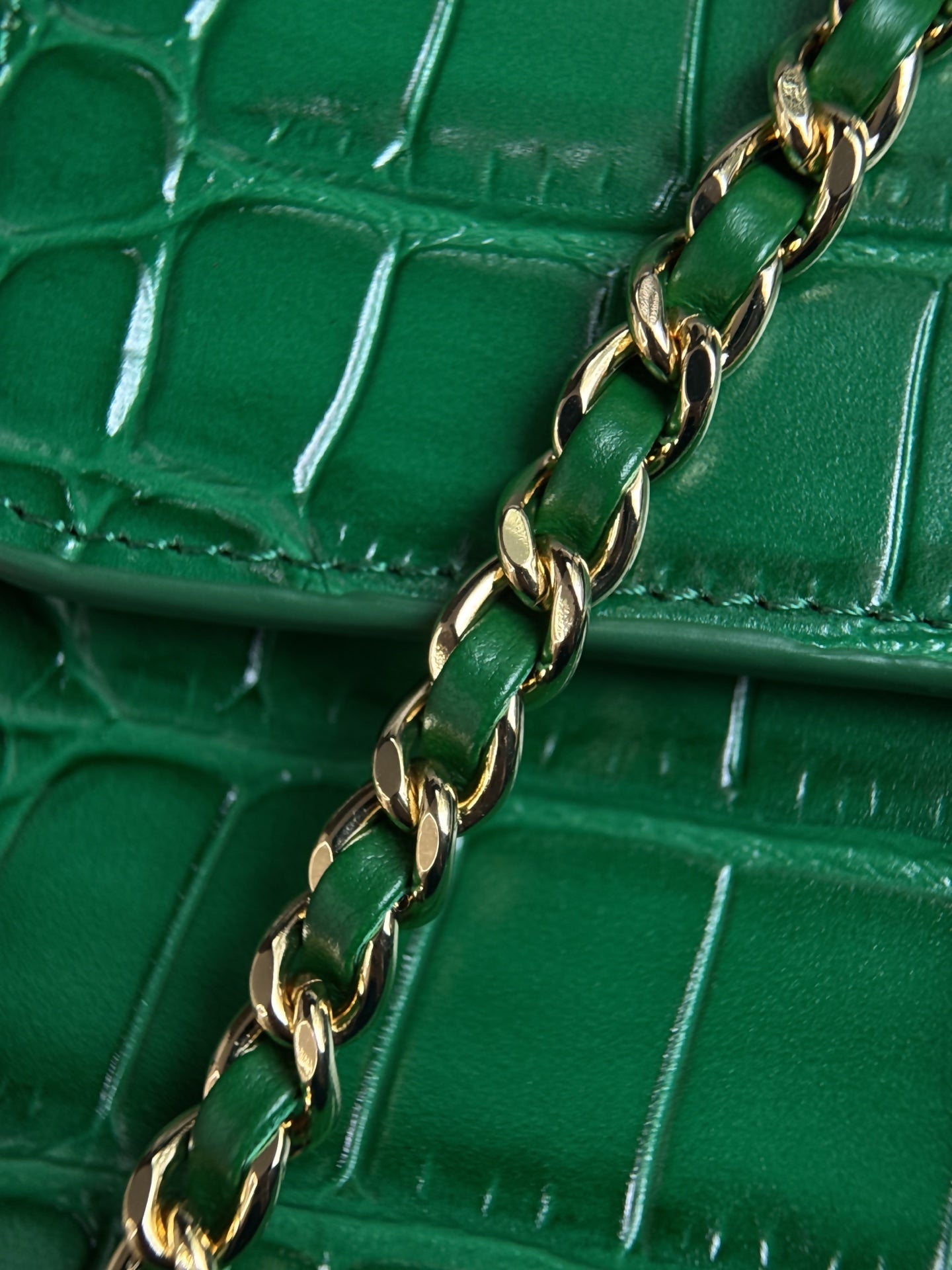 CC Mini Flap Bag with Top Handle Green Crocodile Embossed Calfskin