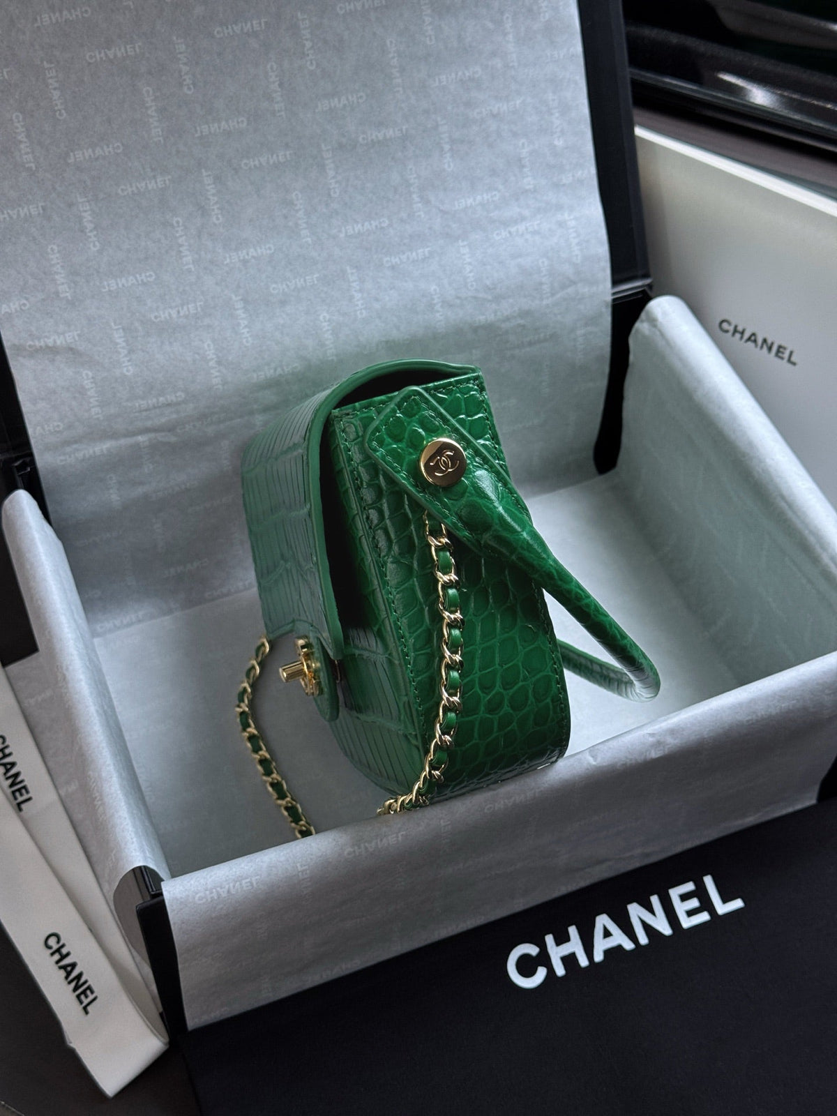 CC Mini Flap Bag with Top Handle Green Crocodile Embossed Calfskin