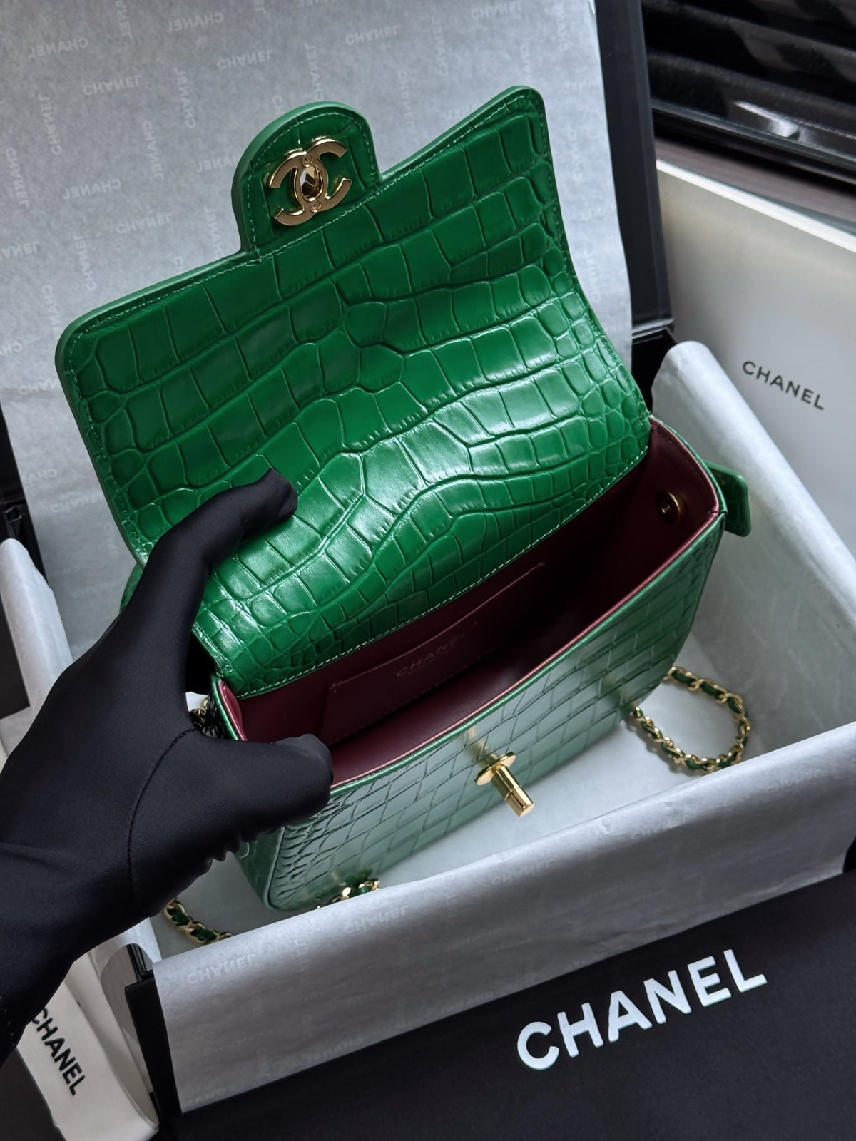 CC Mini Flap Bag with Top Handle Green Crocodile Embossed Calfskin