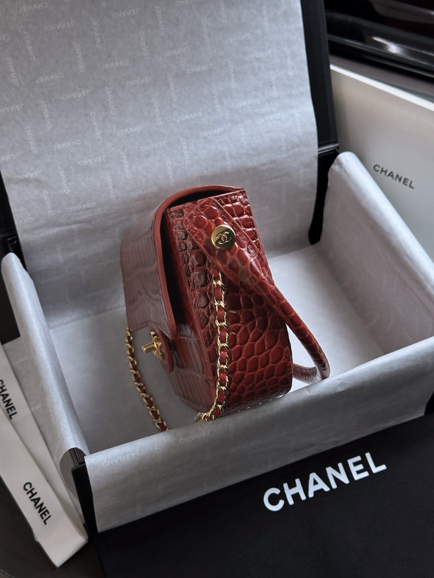 CC Mini Flap Bag with Top Handle Red Crocodile Embossed Calfskin