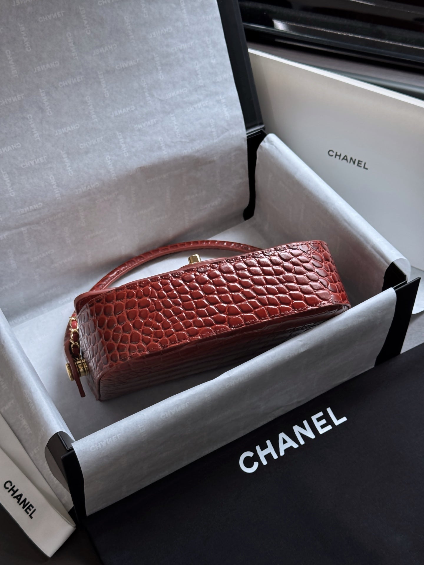 CC Mini Flap Bag with Top Handle Red Crocodile Embossed Calfskin