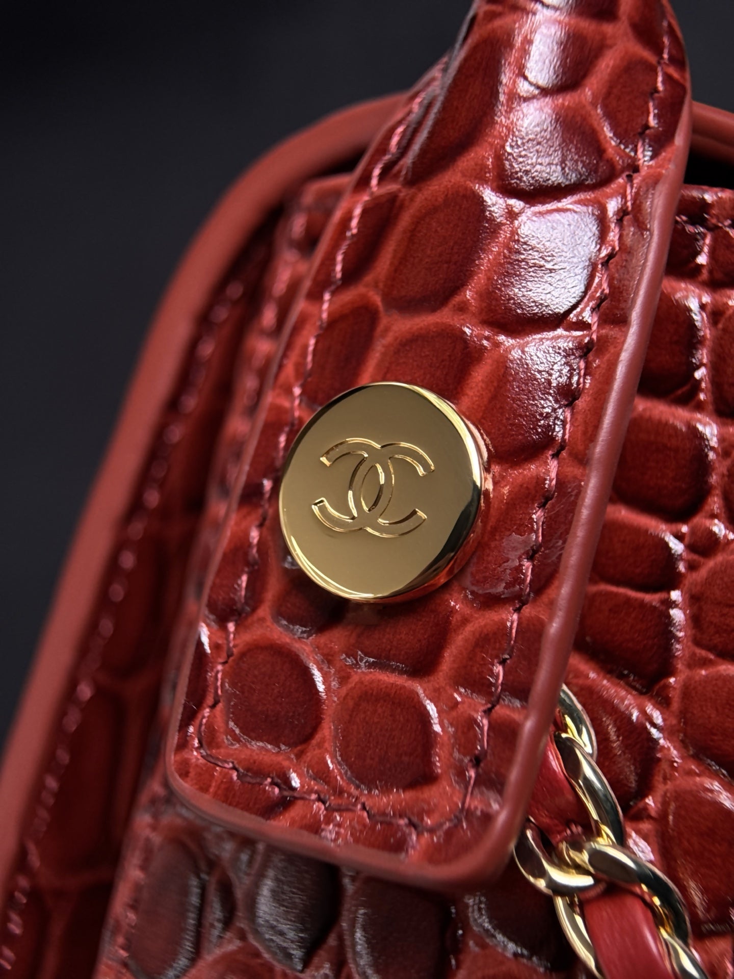 CC Mini Flap Bag with Top Handle Red Crocodile Embossed Calfskin