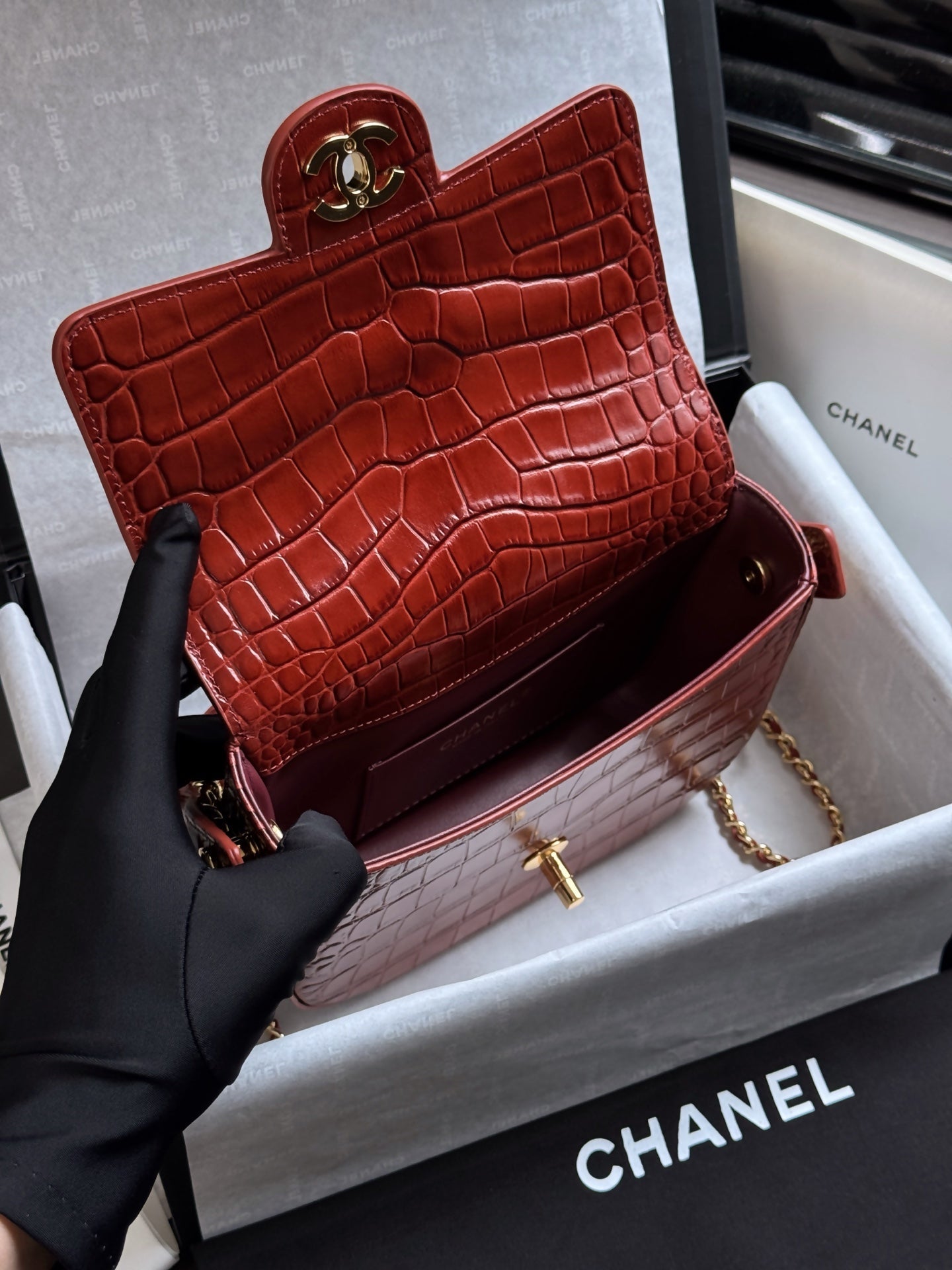 CC Mini Flap Bag with Top Handle Red Crocodile Embossed Calfskin