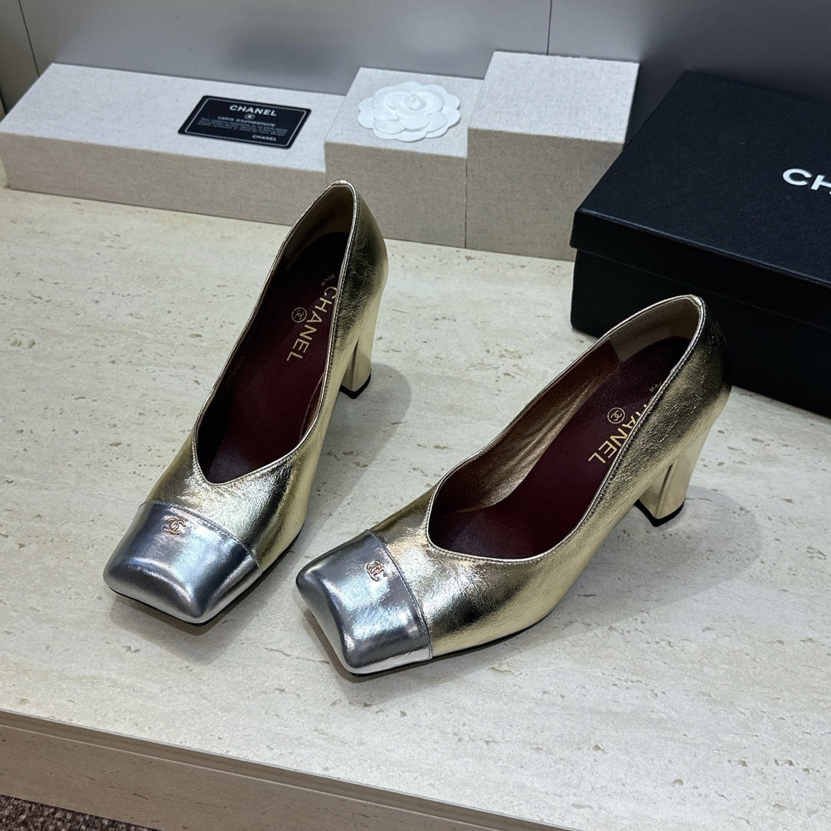 CC Square Toe Block Heel Pumps 90mm Gold Metallic Patent Leather 896864