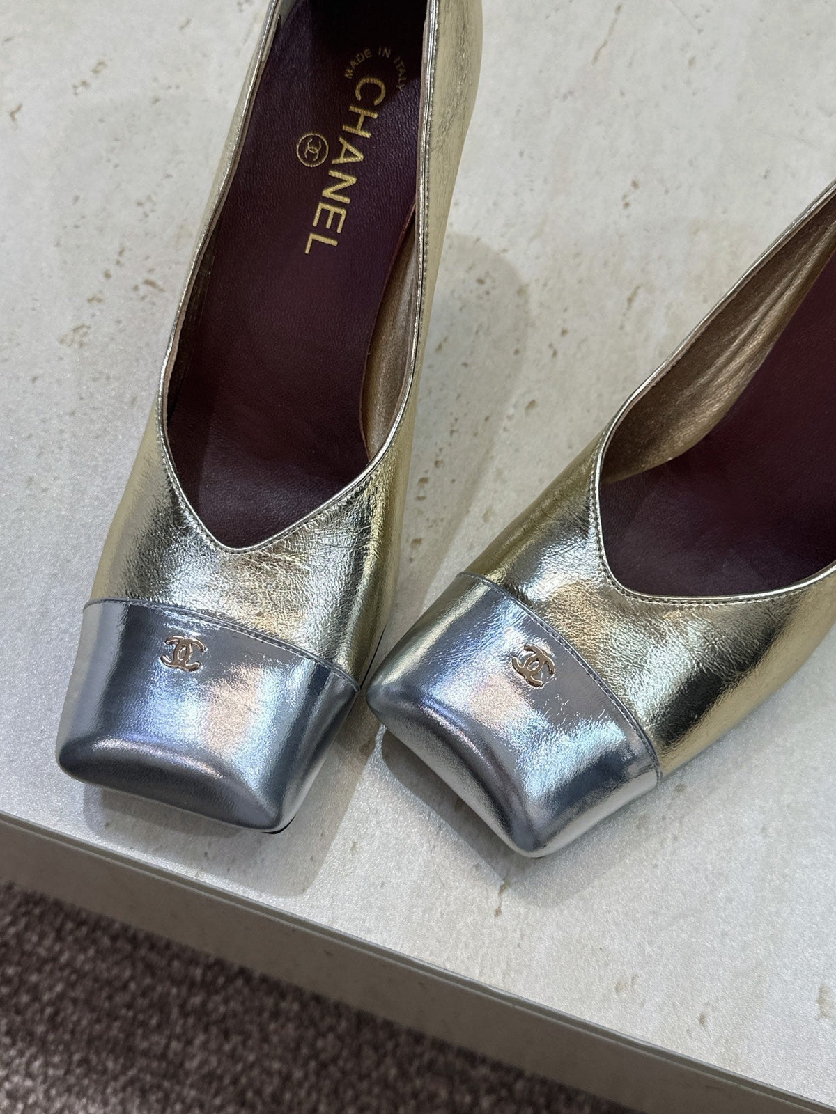 CC Square Toe Block Heel Pumps 90mm Gold Metallic Patent Leather 896864