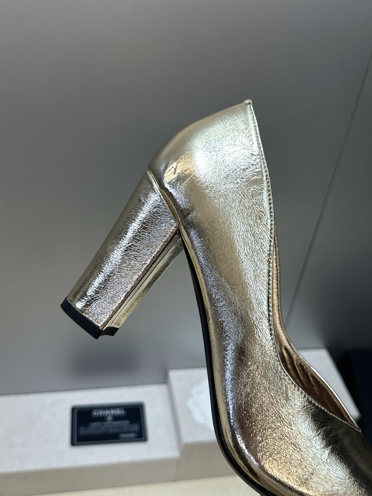 CC Square Toe Block Heel Pumps 90mm Gold Metallic Patent Leather 896864