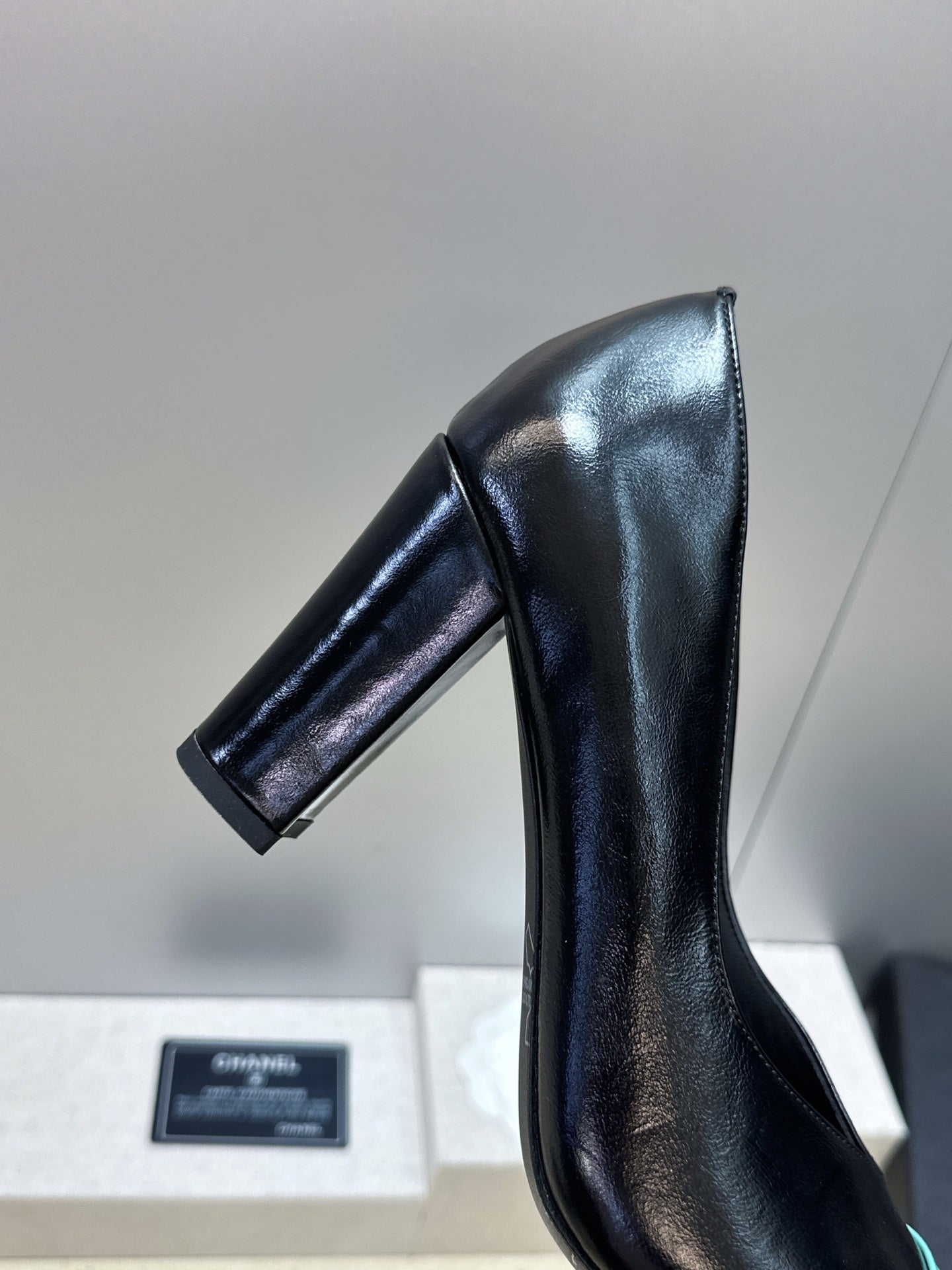 CC Square Toe Block Heel Pumps 90mm Black Teal Patent Leather 896863
