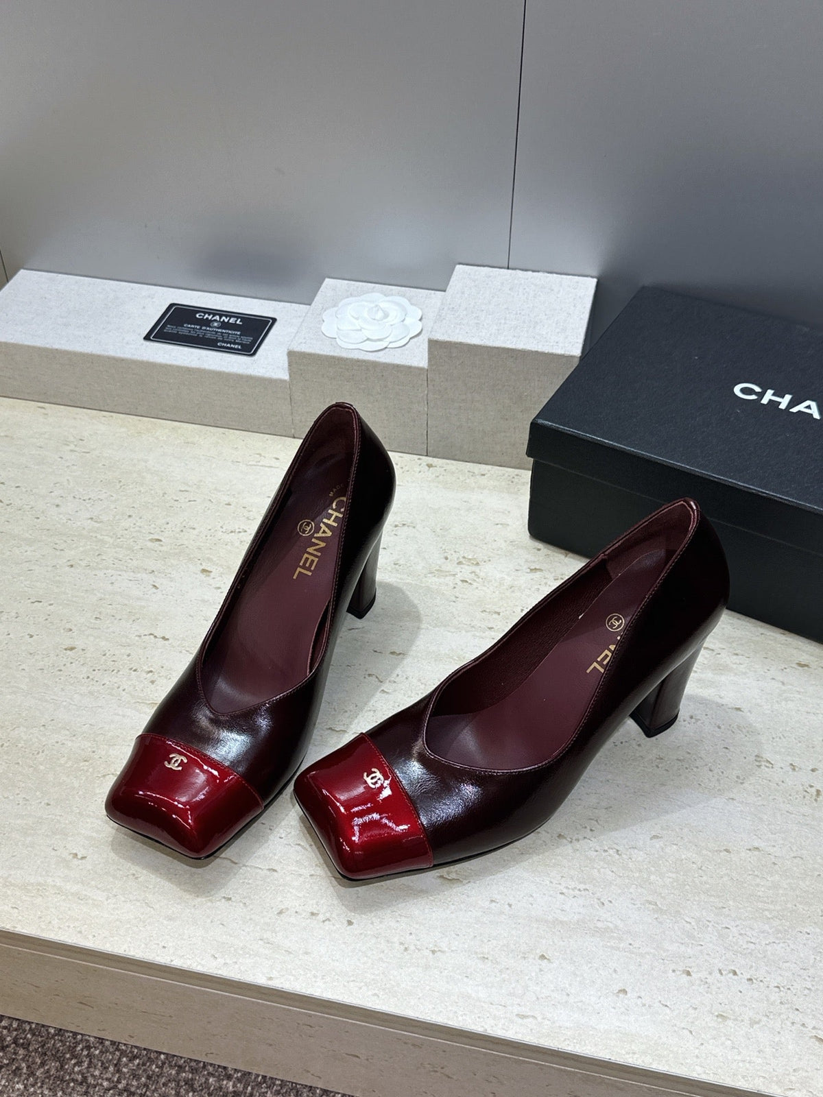 CC Square Toe Block Heel Pumps 90mm Burgundy Patent Leather 896862