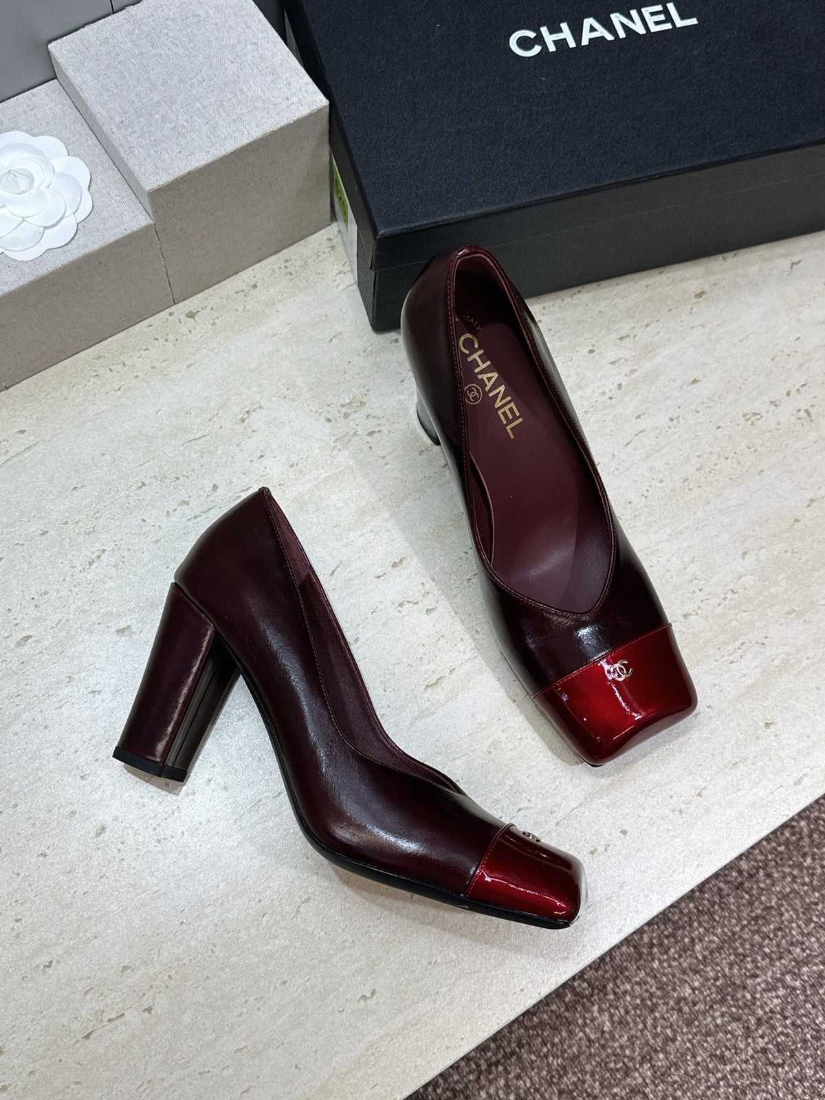 CC Square Toe Block Heel Pumps 90mm Burgundy Patent Leather 896862