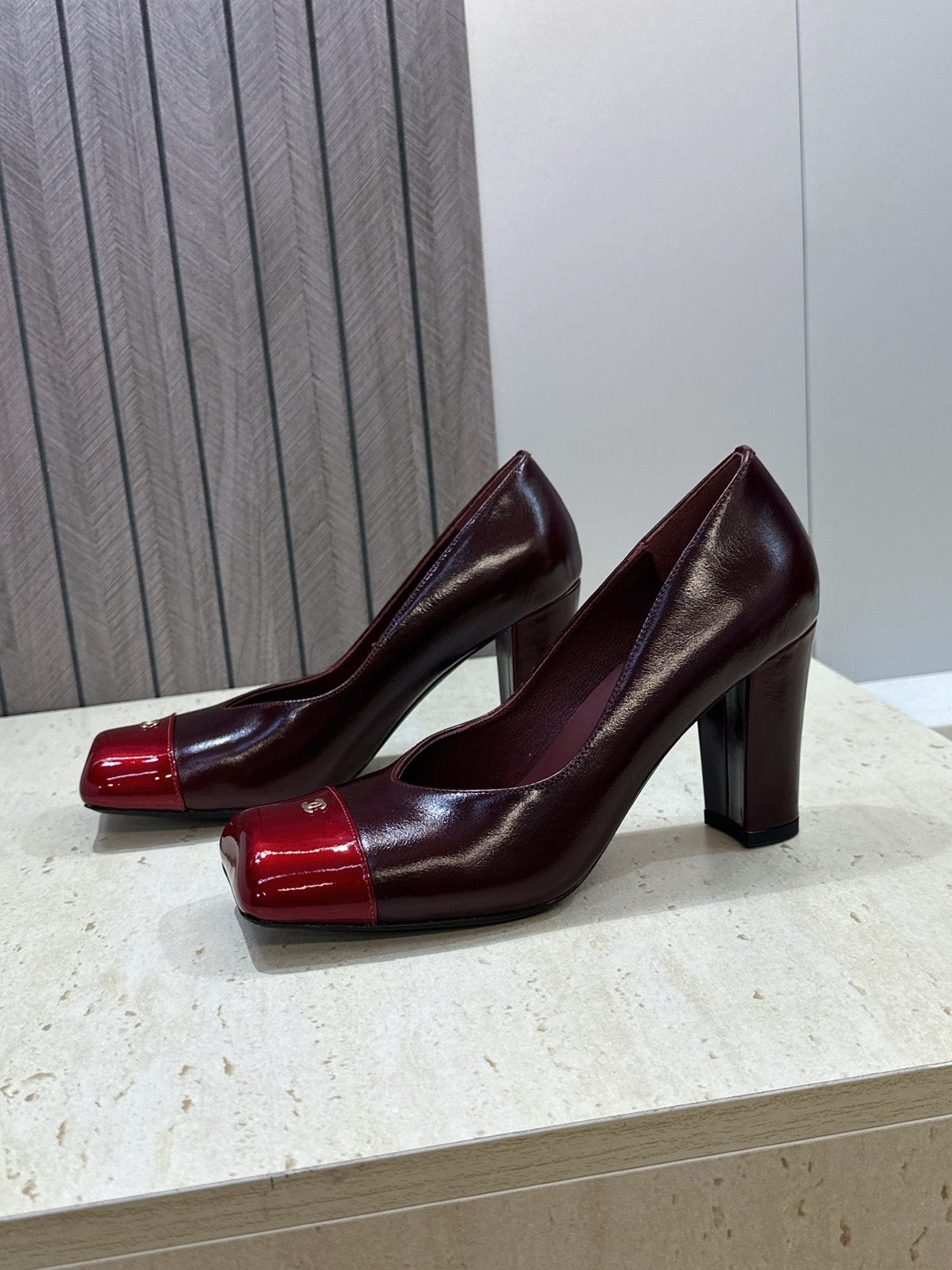 CC Square Toe Block Heel Pumps 90mm Burgundy Patent Leather 896862