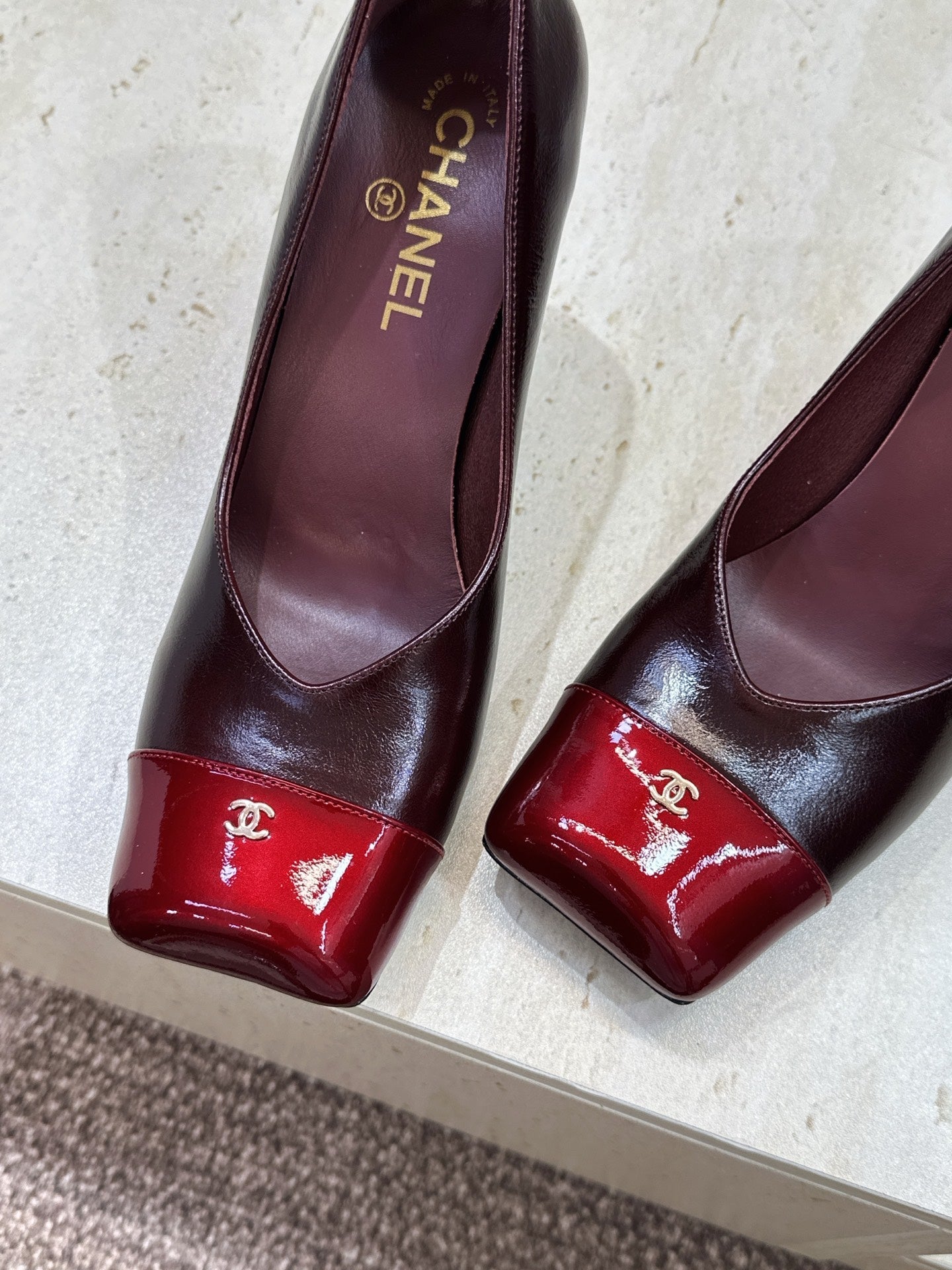 CC Square Toe Block Heel Pumps 90mm Burgundy Patent Leather 896862